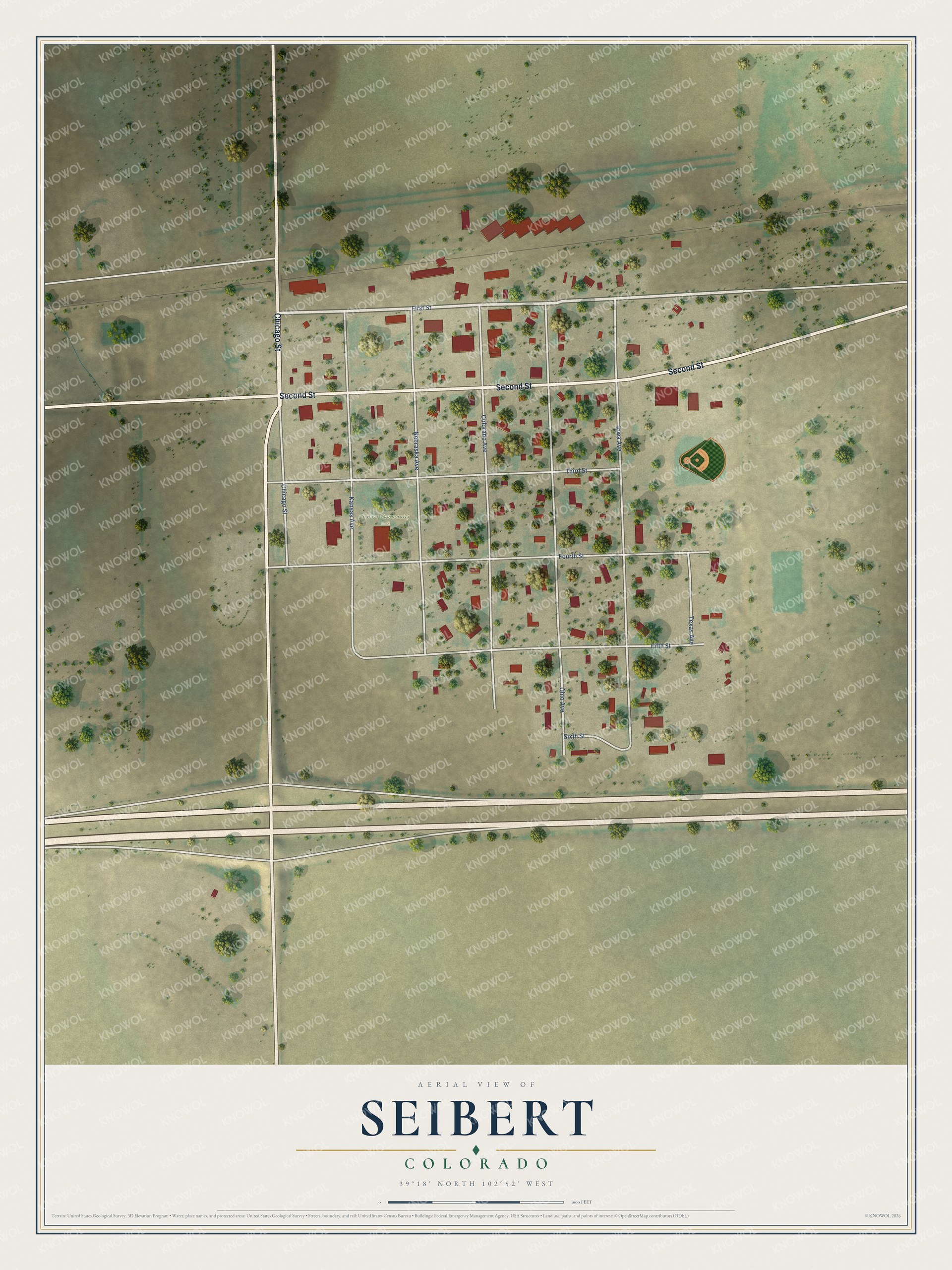Full map of Seibert, Colorado, with red buildings, printed street names and the land around them