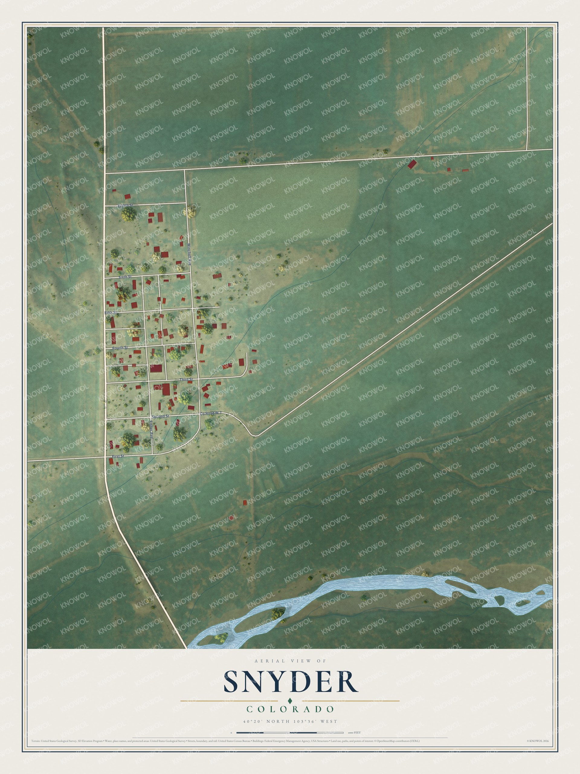Full map of Snyder, Colorado, with red buildings, printed street names and the land around them