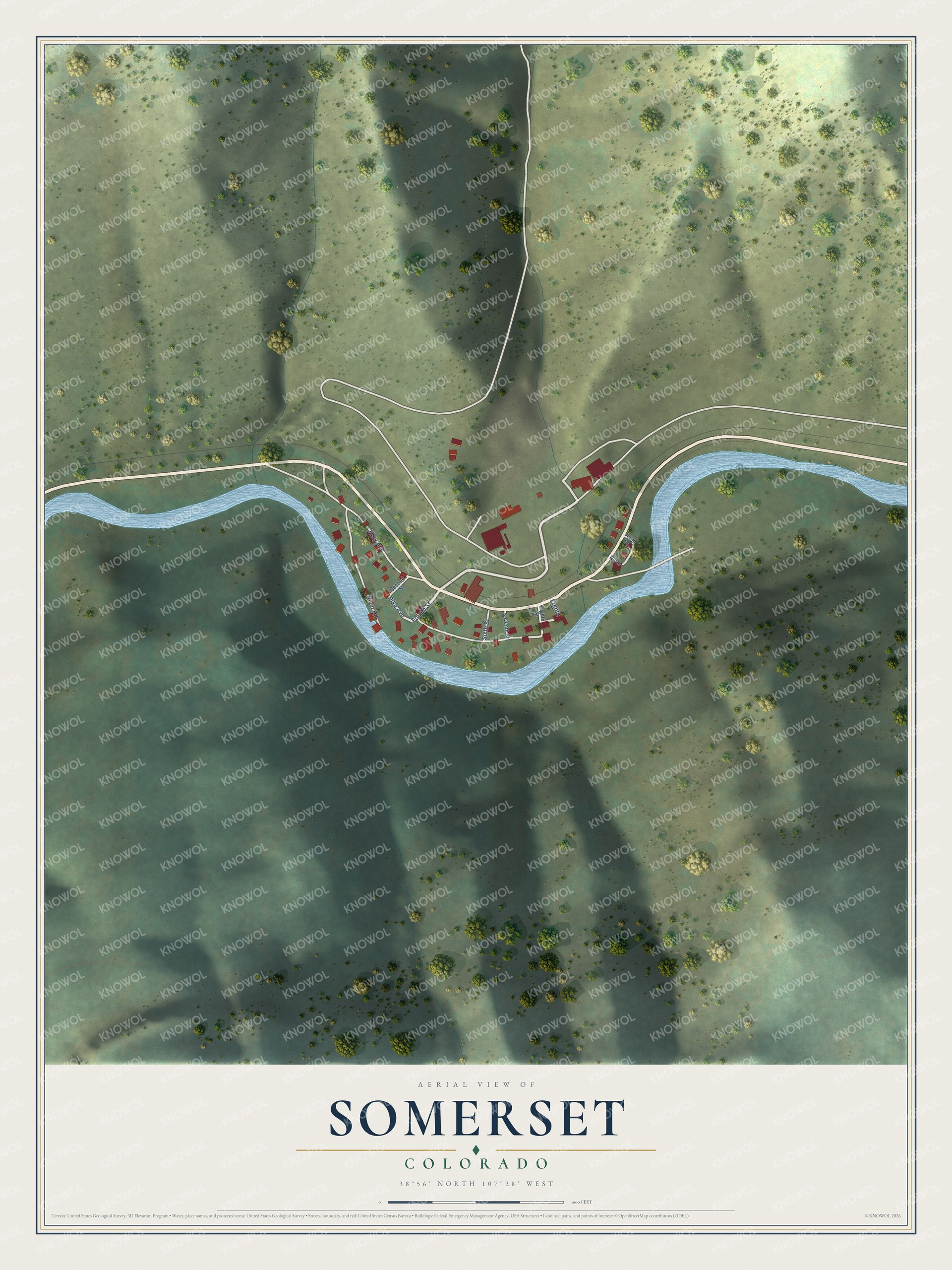 Full map of Somerset, Colorado, with red buildings, printed street names and the land around them