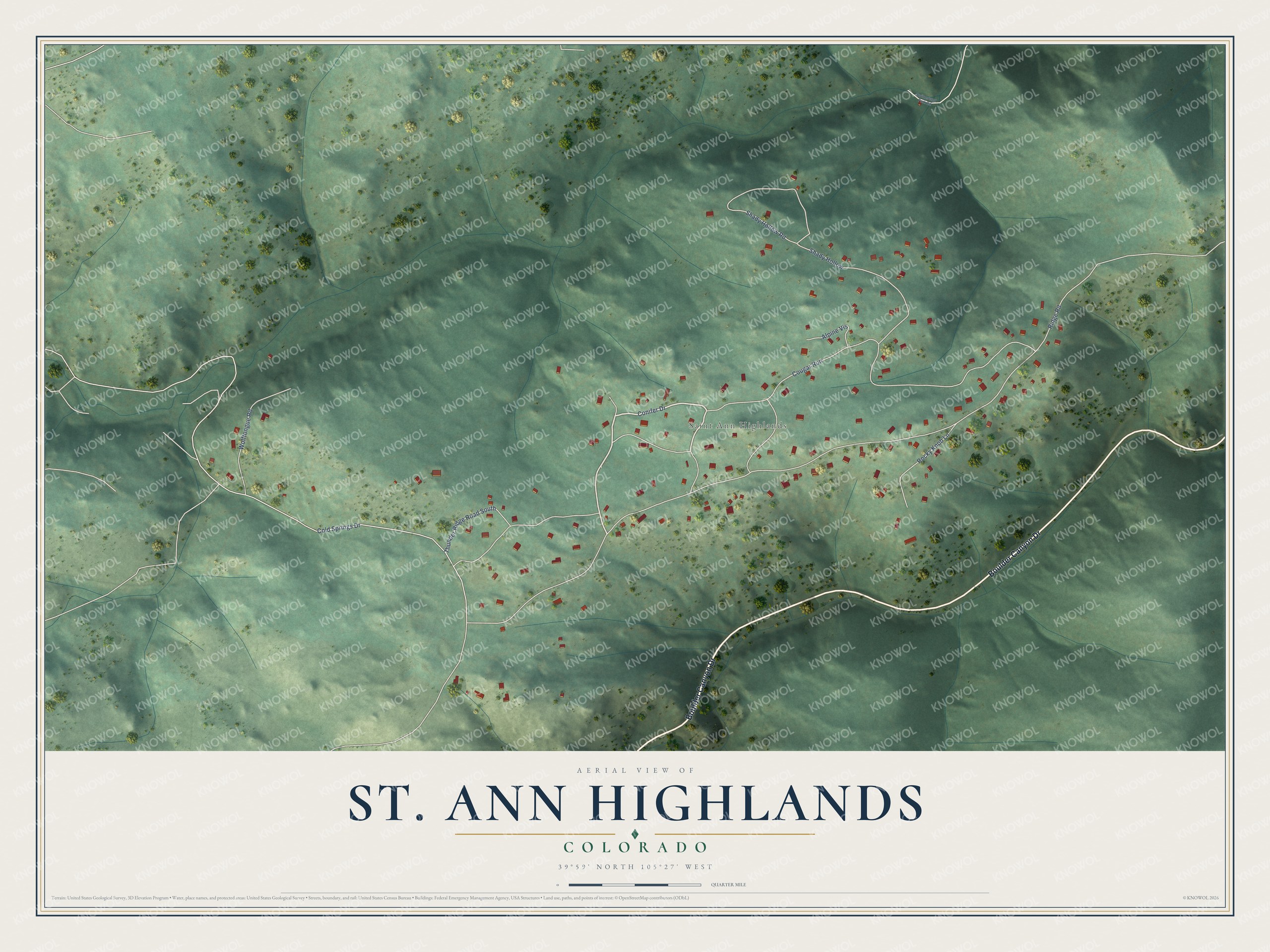 Full map of St. Ann Highlands, Colorado, with red buildings, printed street names and the land around them