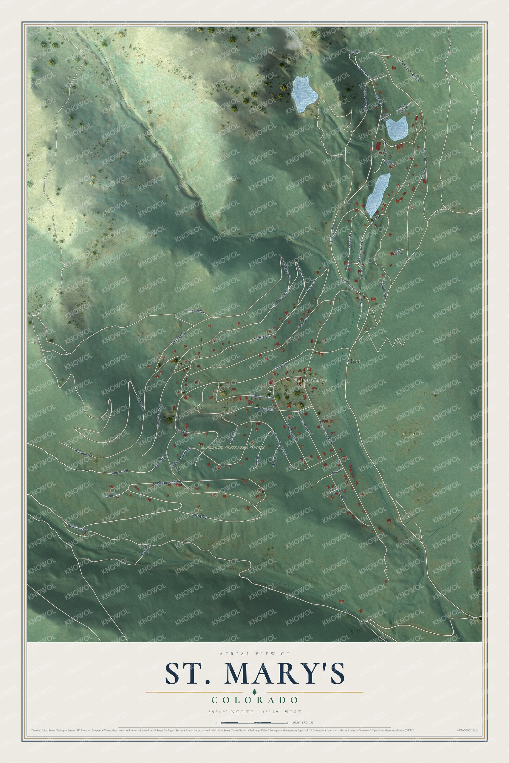 Full map of St. Mary's, Colorado, with red buildings, printed street names and the land around them