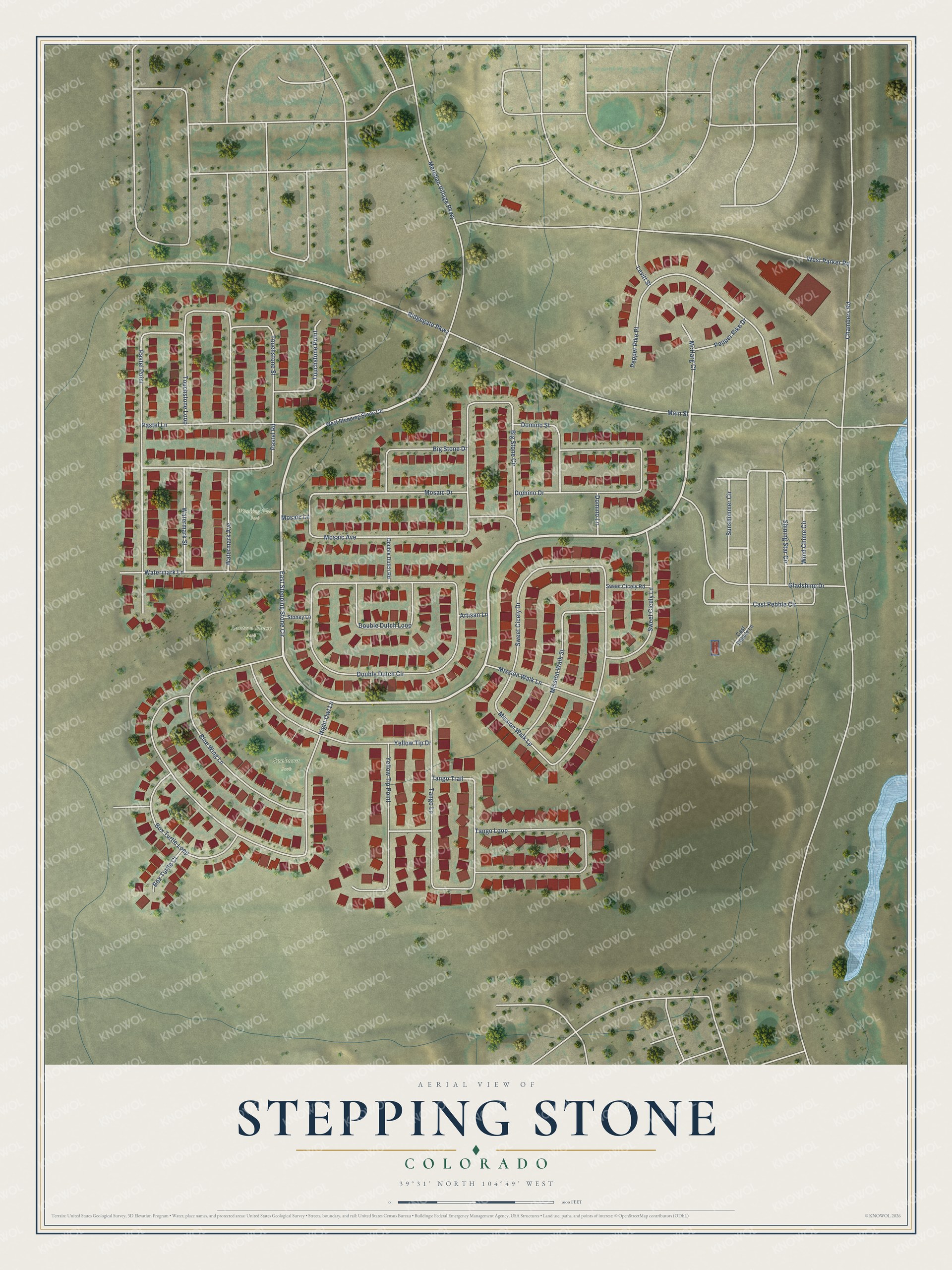 Full map of Stepping Stone, Colorado, with red buildings, printed street names and the land around them