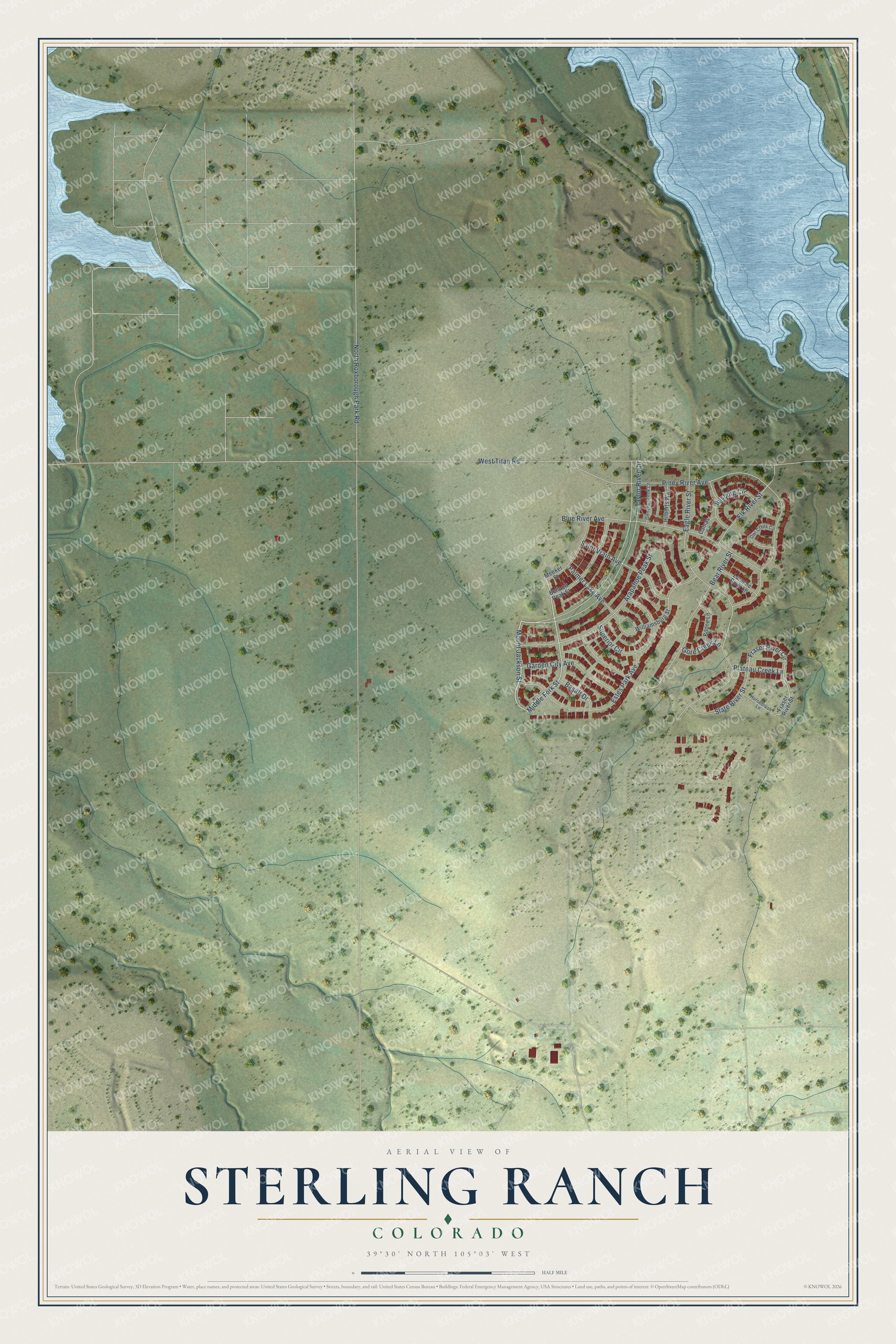 Full map of Sterling Ranch, Colorado, with red buildings, printed street names and the land around them
