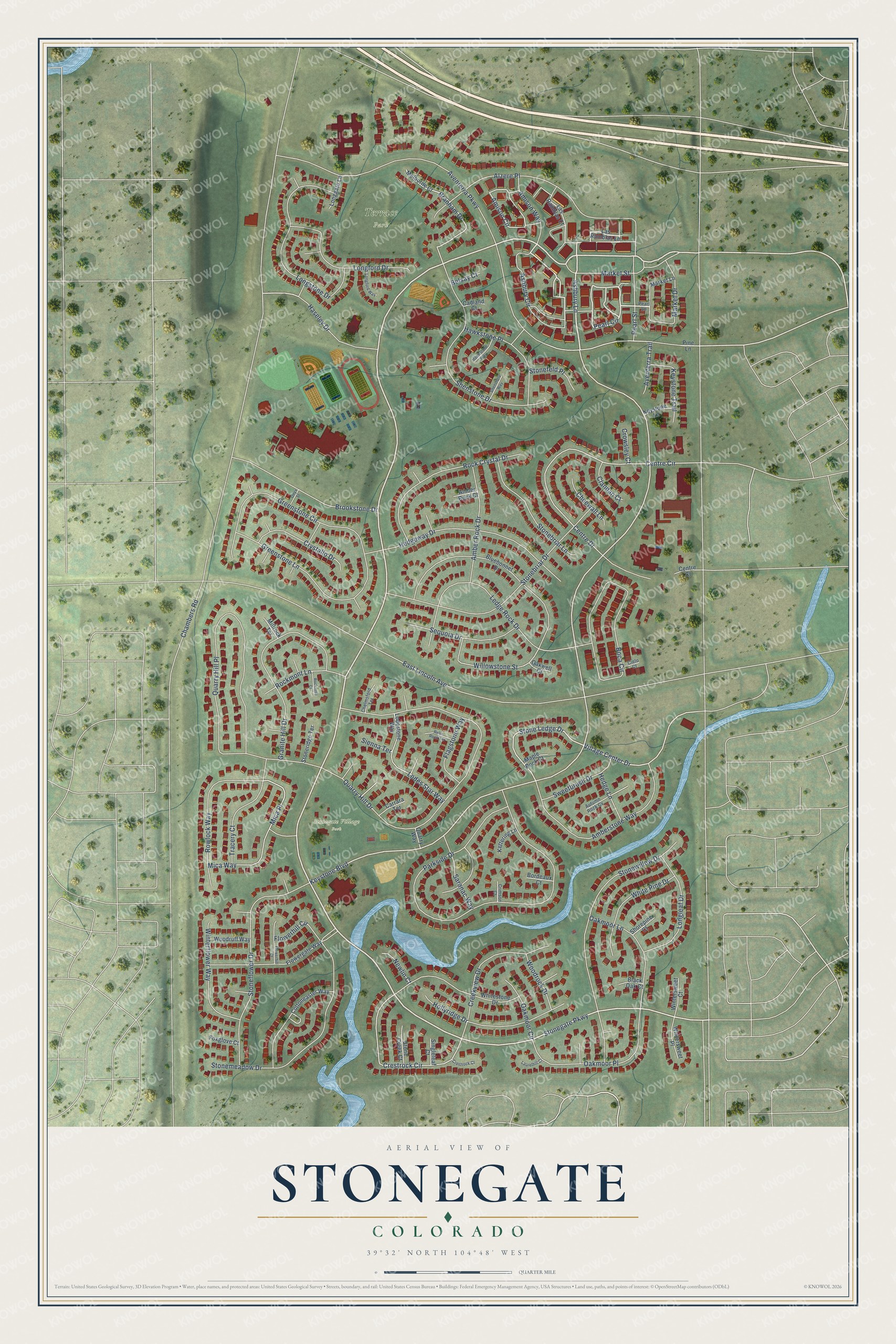 Full map of Stonegate, Colorado, with red buildings, printed street names and the land around them
