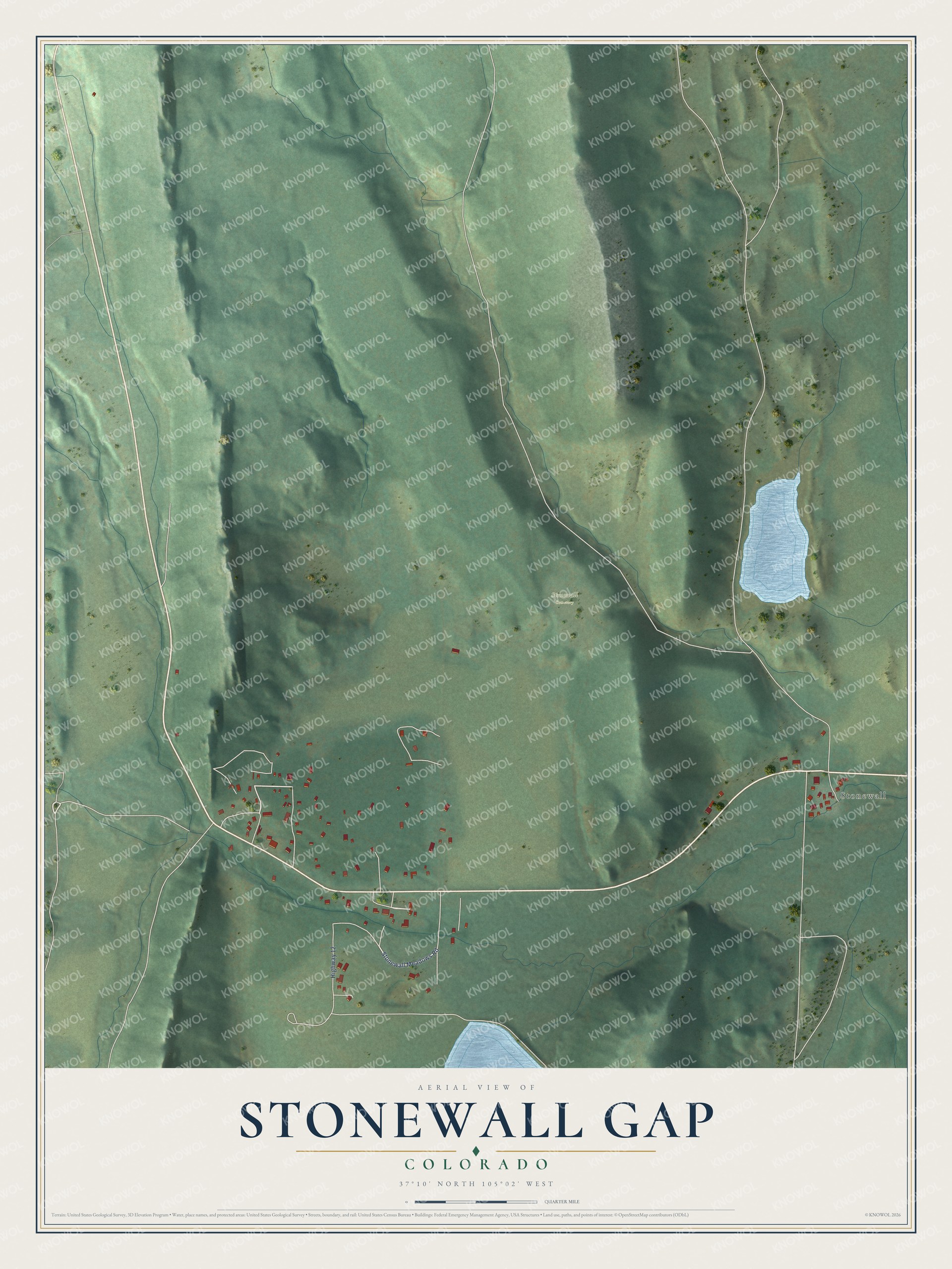 Full map of Stonewall Gap, Colorado, with red buildings, printed street names and the land around them
