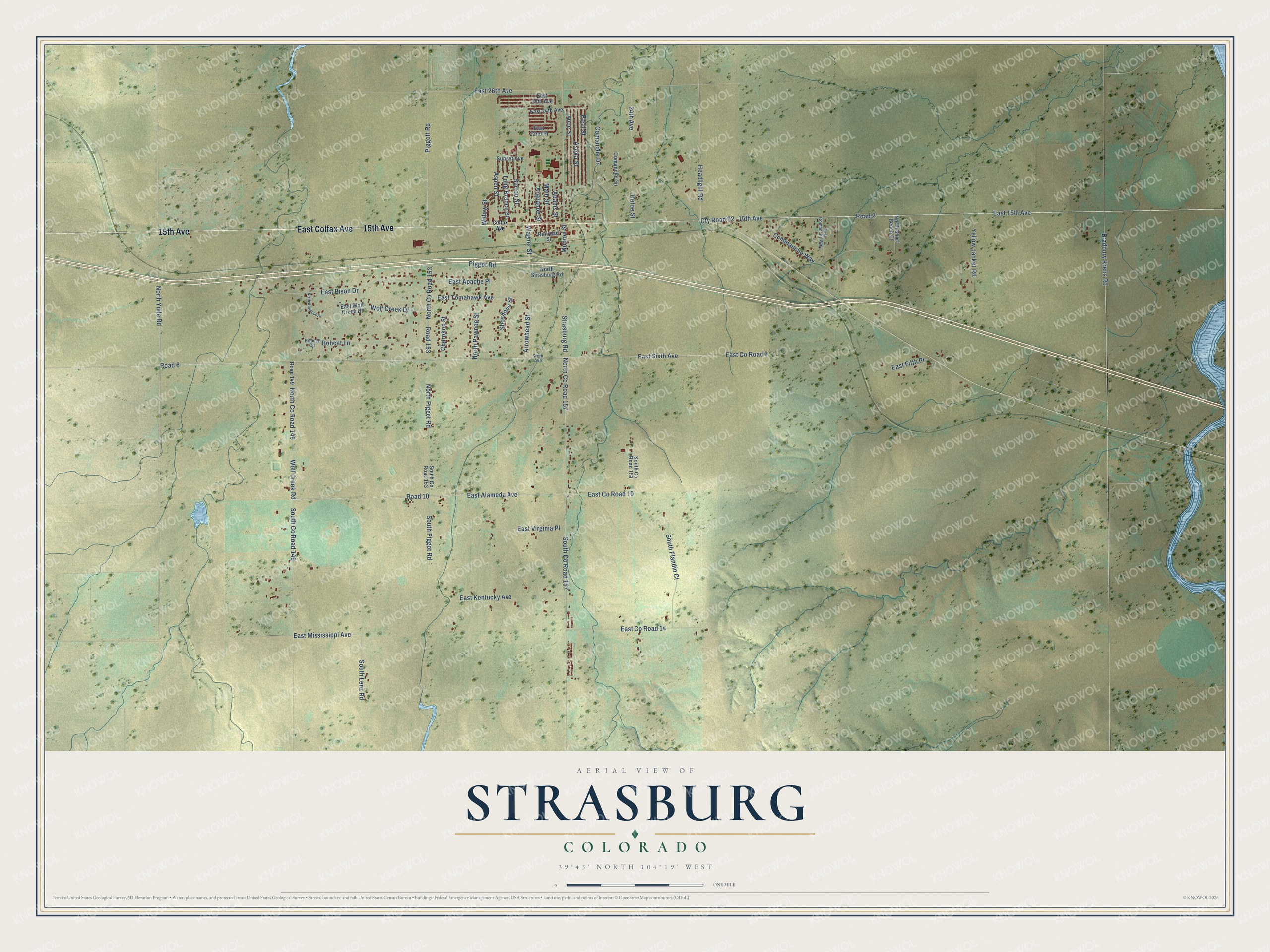 Full map of Strasburg, Colorado, with red buildings, printed street names and the land around them