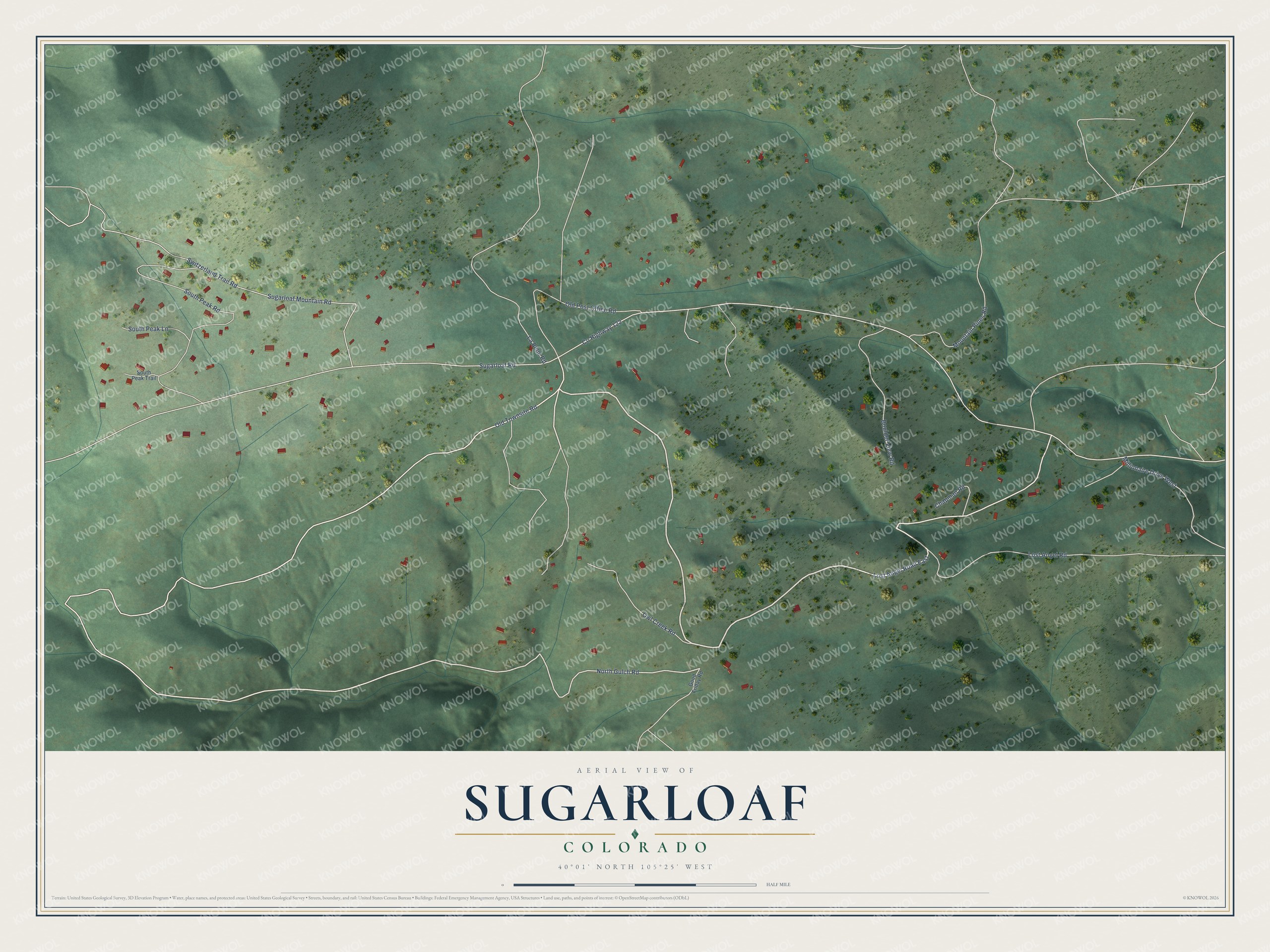 Full map of Sugarloaf, Colorado, with red buildings, printed street names and the land around them