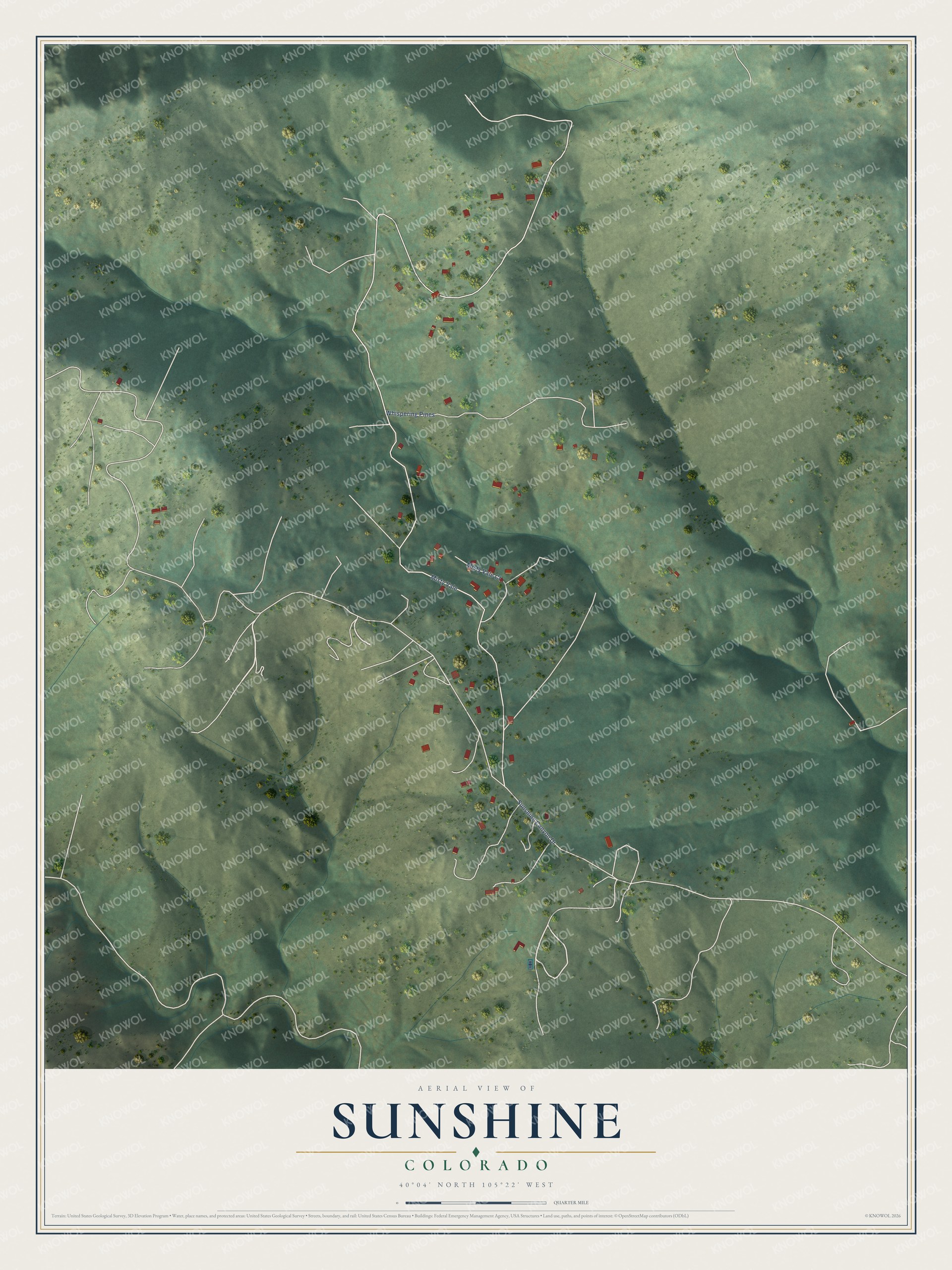 Full map of Sunshine, Colorado, with red buildings, printed street names and the land around them