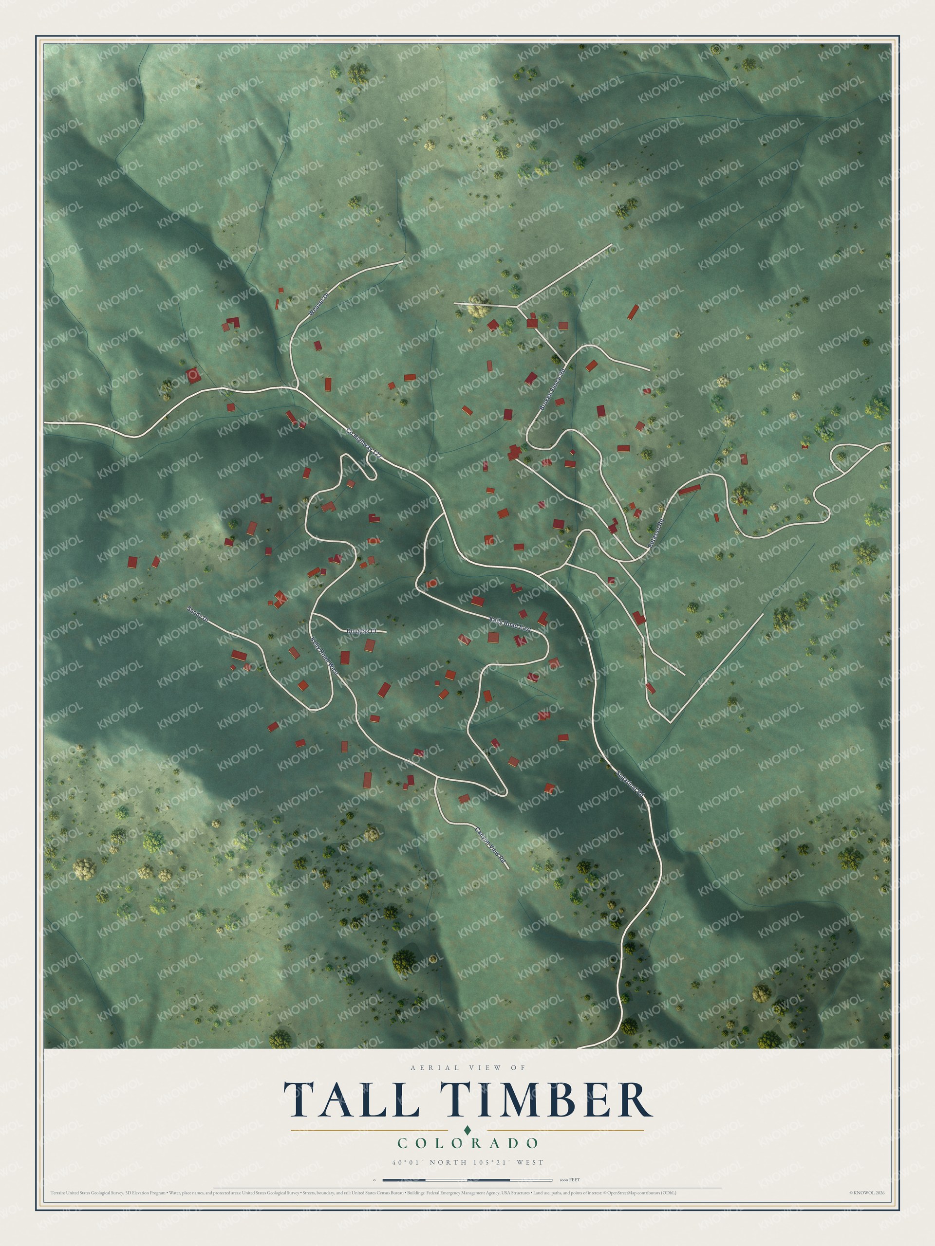 Full map of Tall Timber, Colorado, with red buildings, printed street names and the land around them