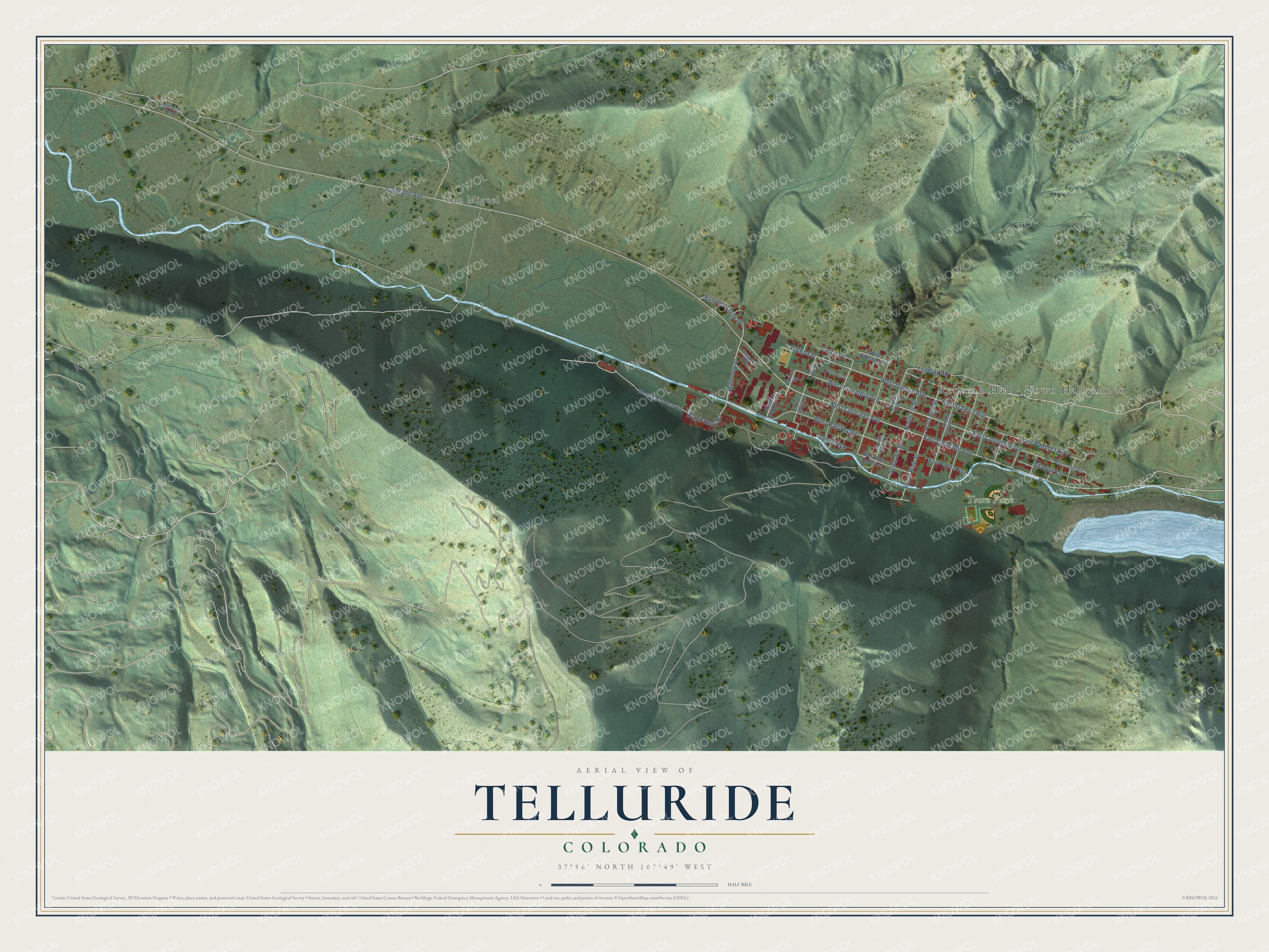 Full map of Telluride, Colorado, with red buildings, printed street names and the land around them