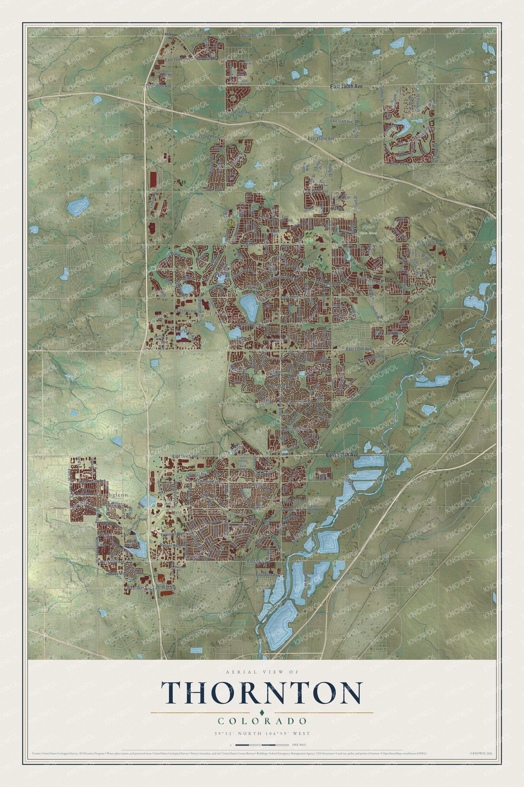 Full map of Thornton, Colorado, with red buildings, printed street names and the land around them