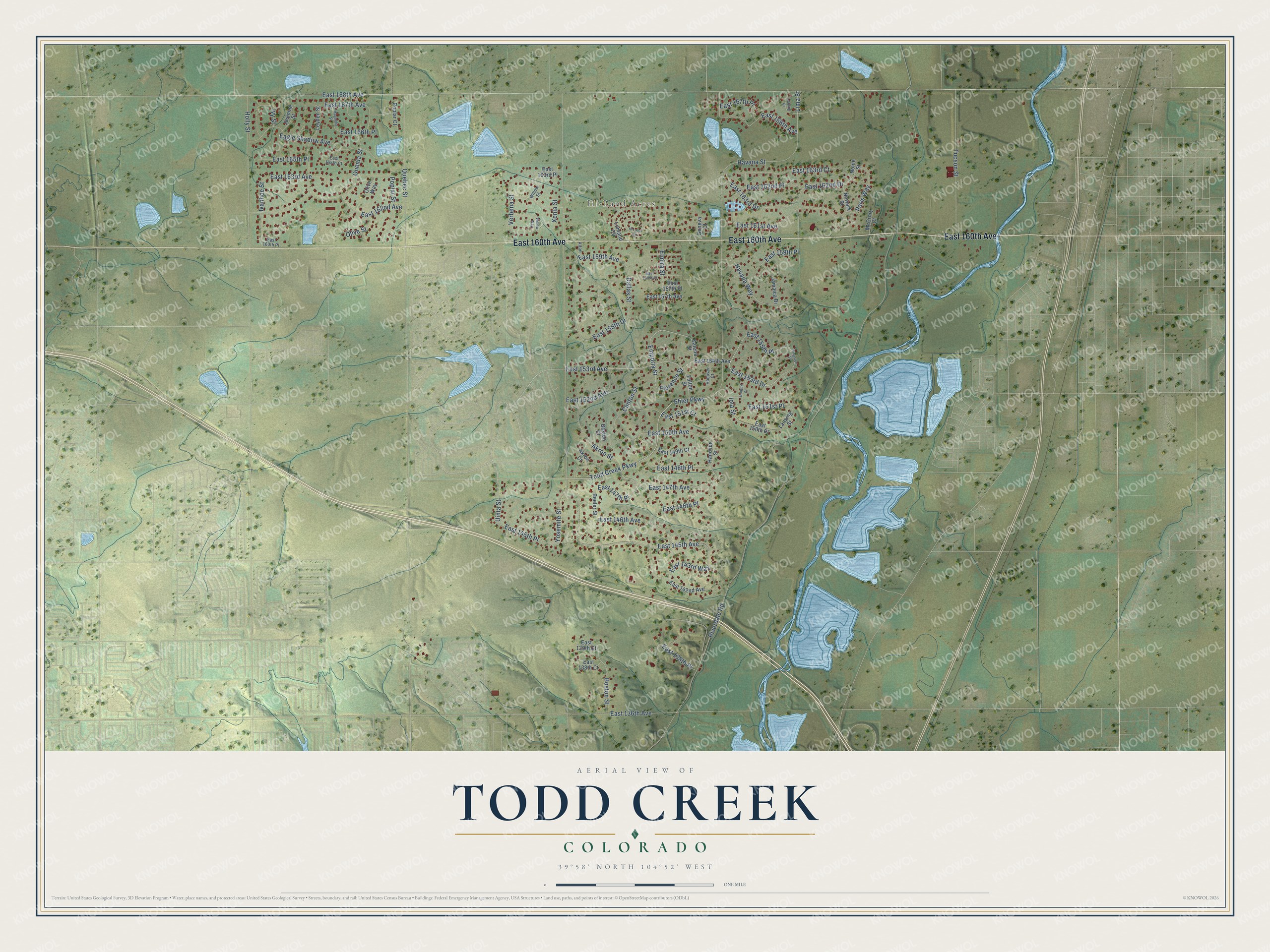 Full map of Todd Creek, Colorado, with red buildings, printed street names and the land around them