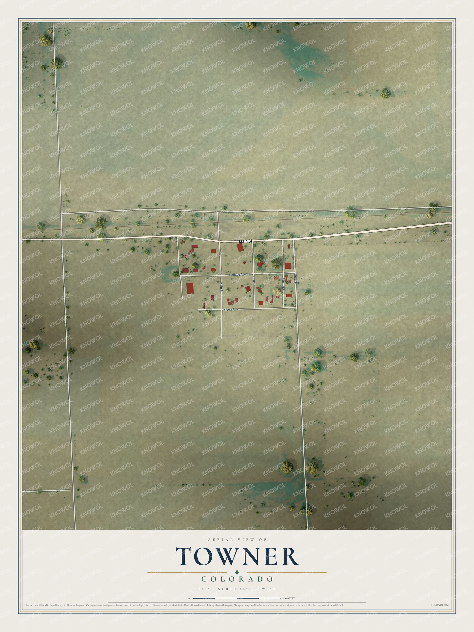 Full map of Towner, Colorado, with red buildings, printed street names and the land around them
