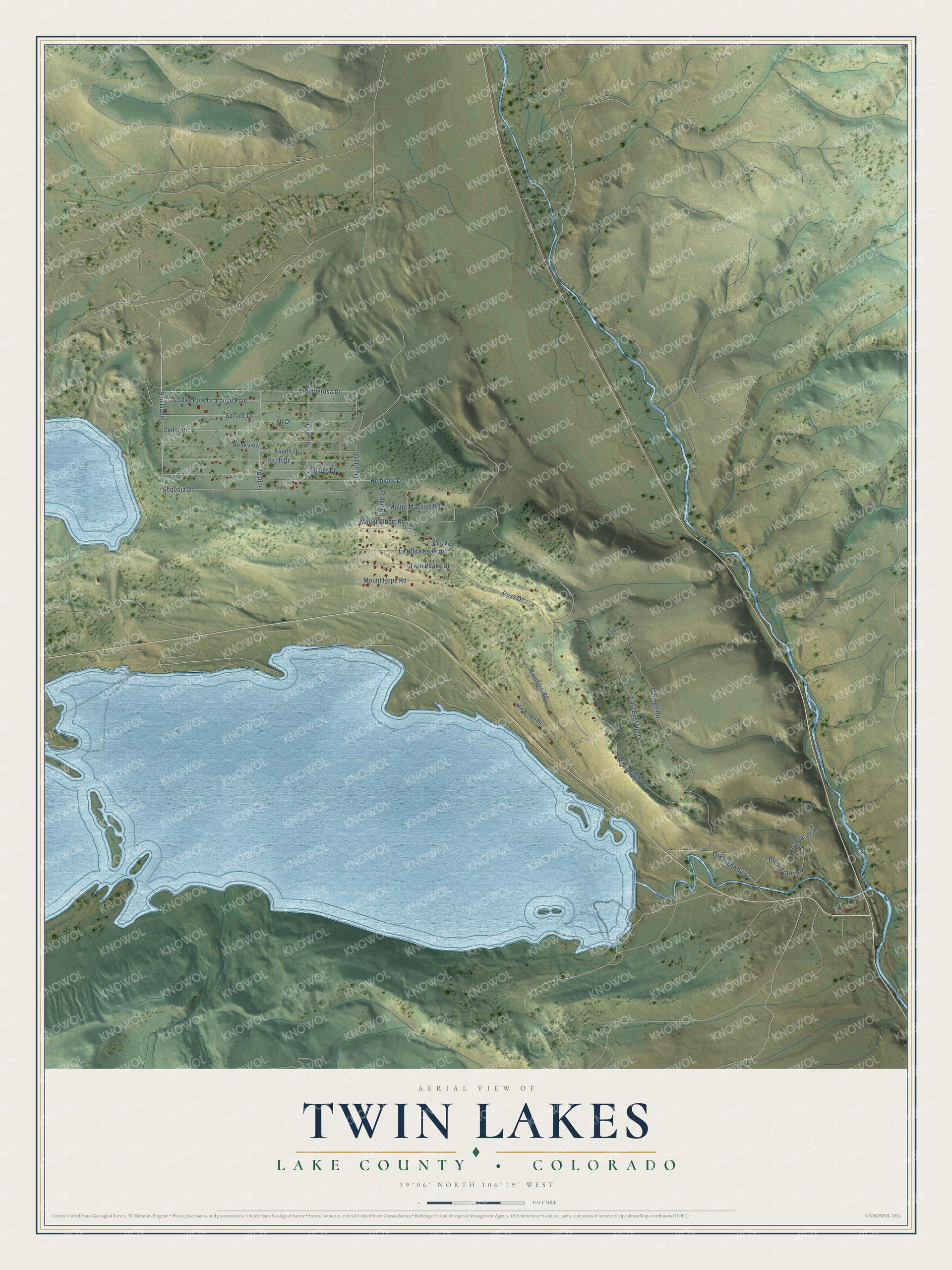 Full map of Twin Lakes, Colorado, with red buildings, printed street names and the land around them