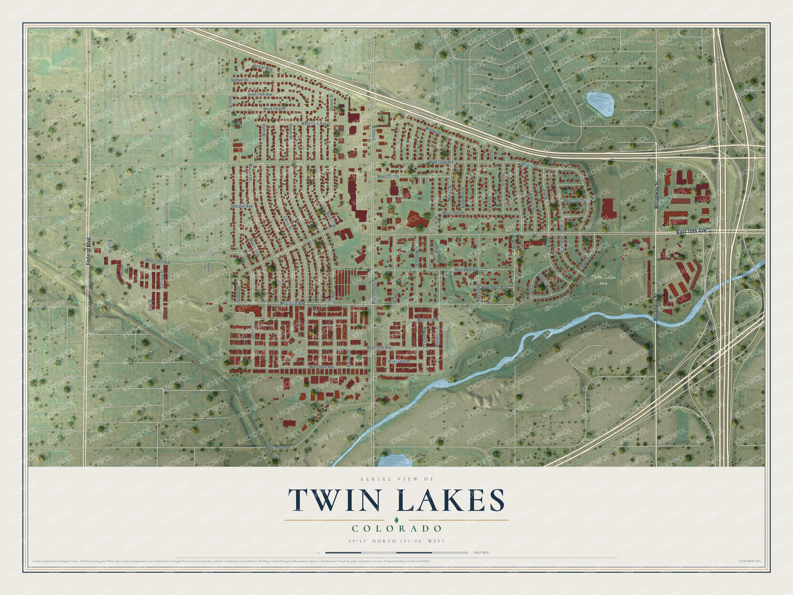 Full map of Twin Lakes, Colorado, with red buildings, printed street names and the land around them