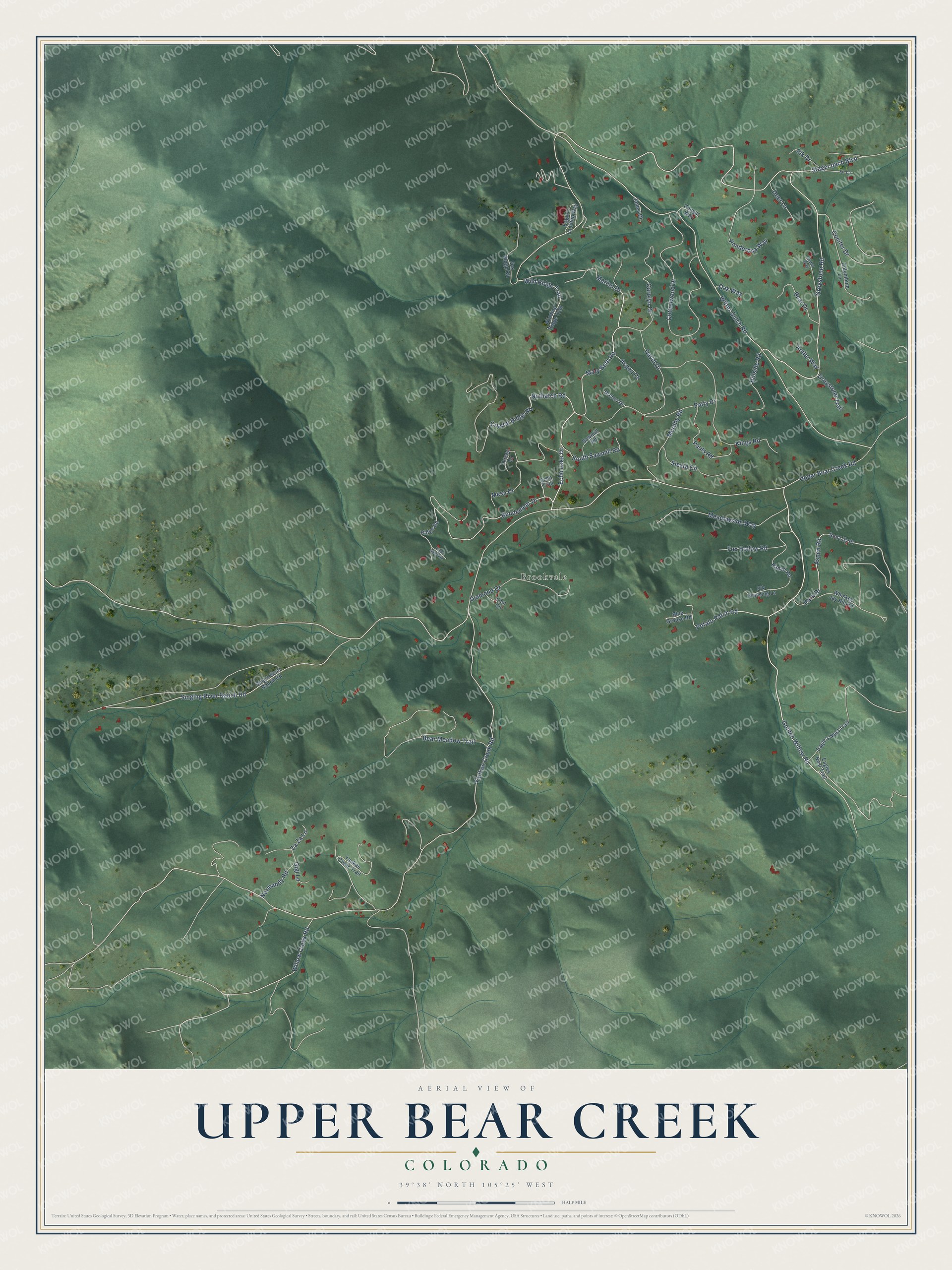 Full map of Upper Bear Creek, Colorado, with red buildings, printed street names and the land around them