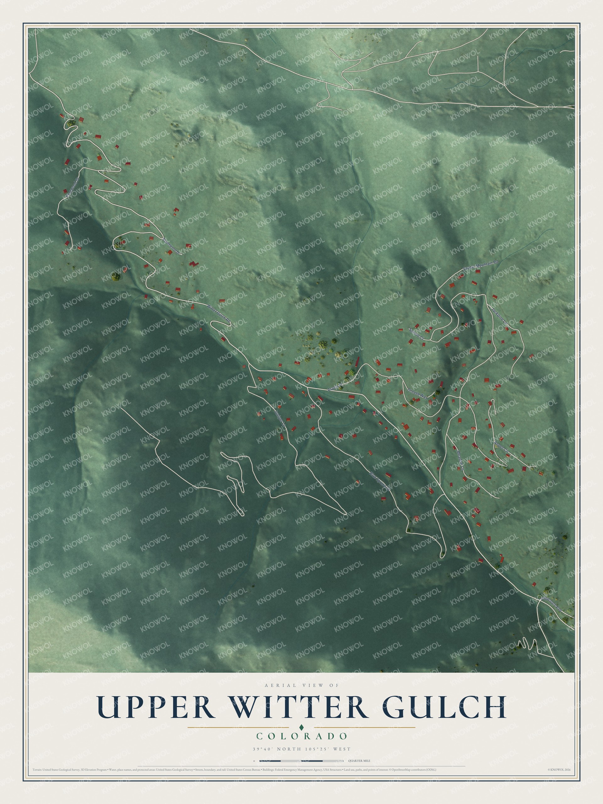 Full map of Upper Witter Gulch, Colorado, with red buildings, printed street names and the land around them
