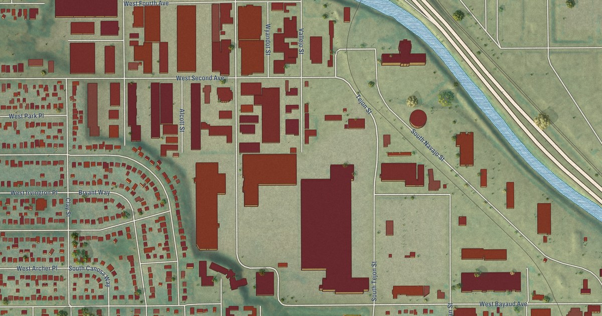 Close-up of streets and buildings in Valverde, Colorado
