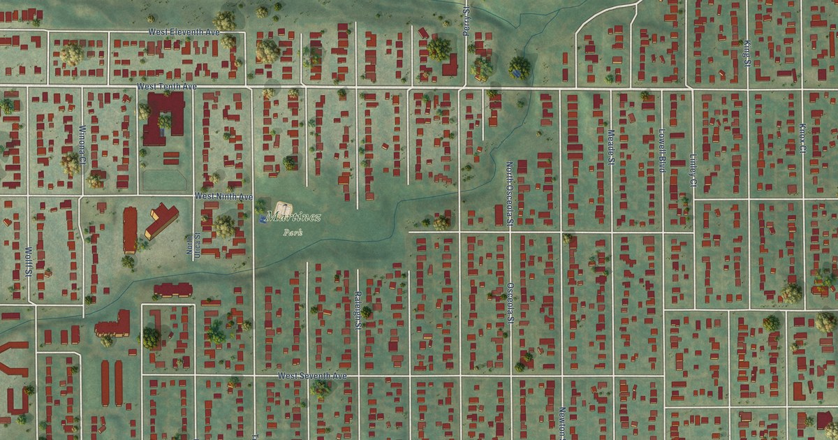 Close-up of streets and buildings in Villa Park, Colorado