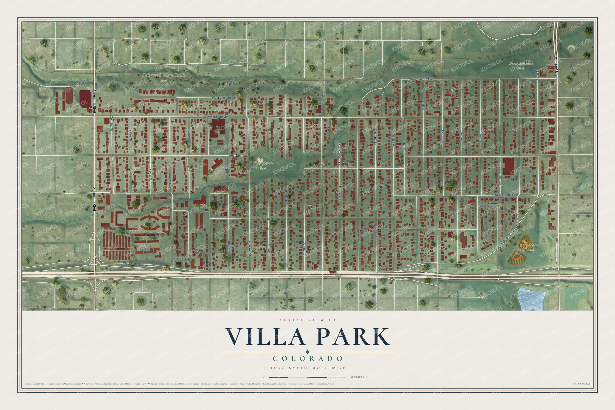 Full map of Villa Park, Colorado, with red buildings, printed street names and the land around them