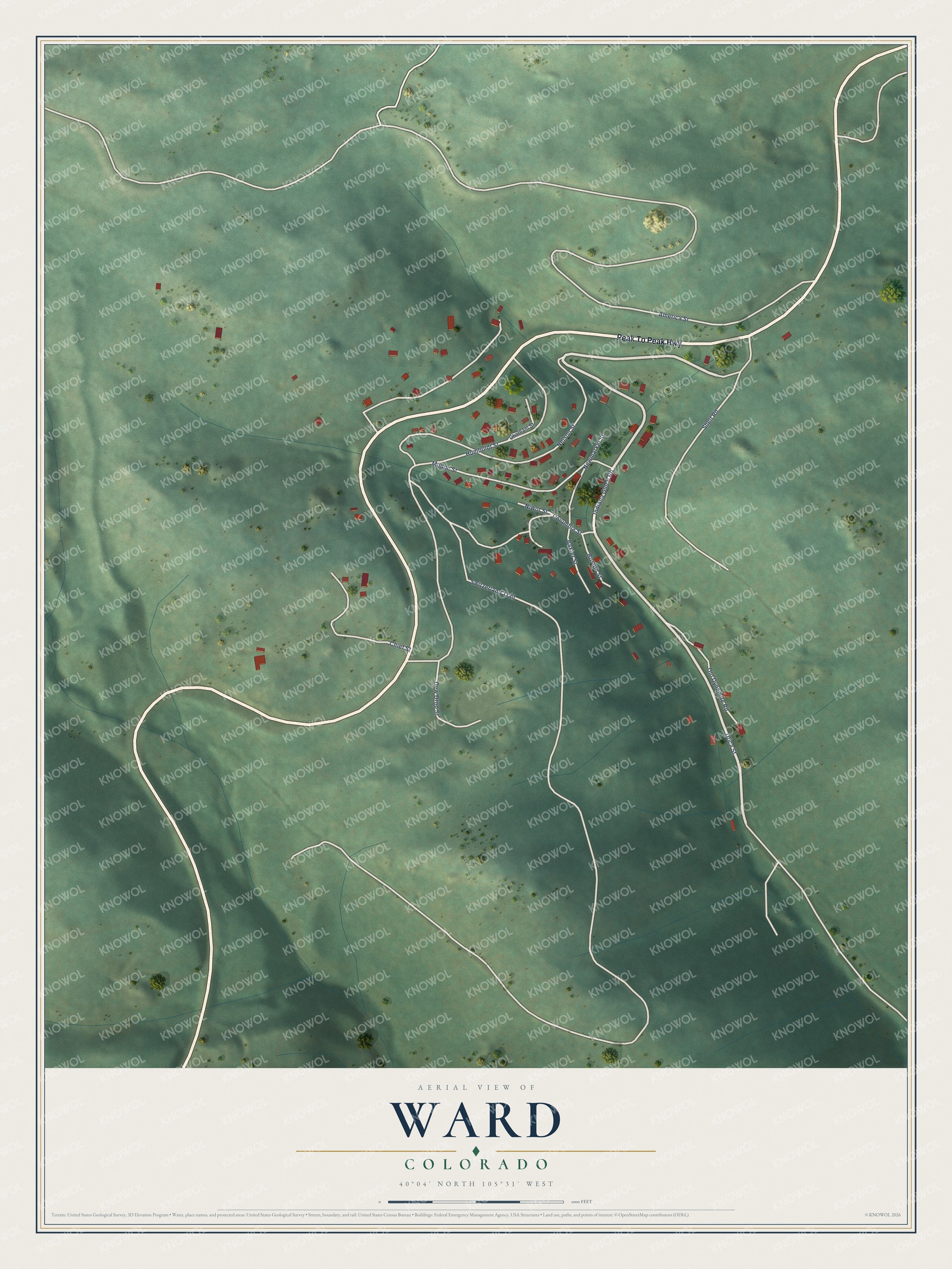 Full map of Ward, Colorado, with red buildings, printed street names and the land around them