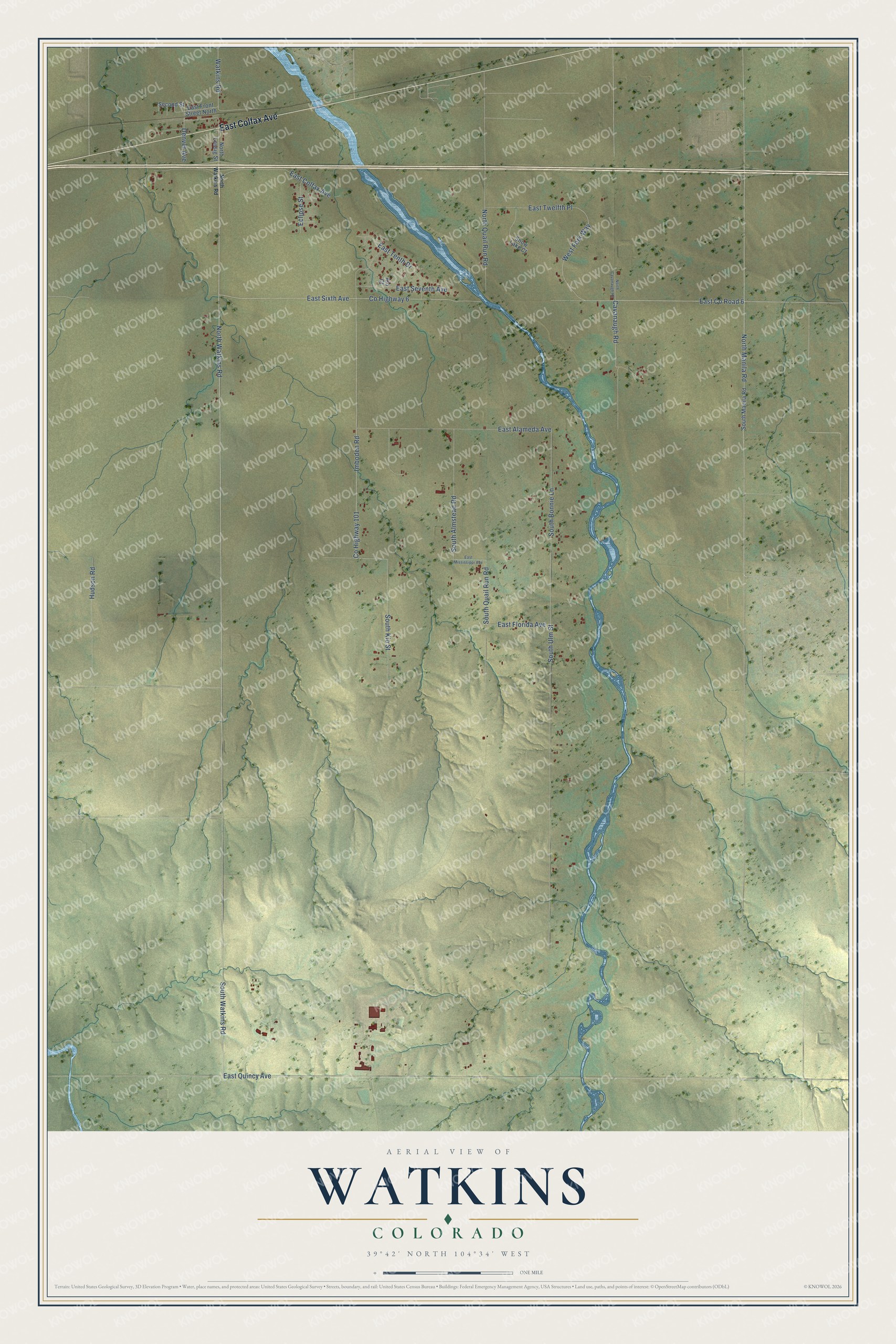 Full map of Watkins, Colorado, with red buildings, printed street names and the land around them