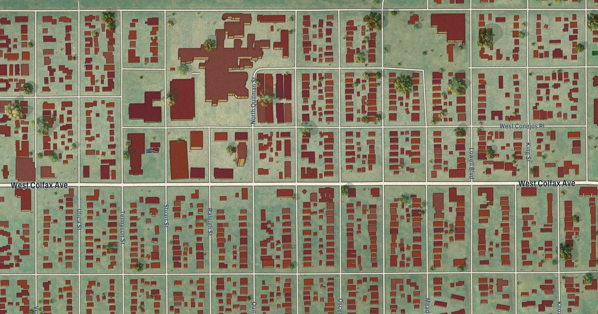 Close-up of streets and buildings in West Colfax, Colorado
