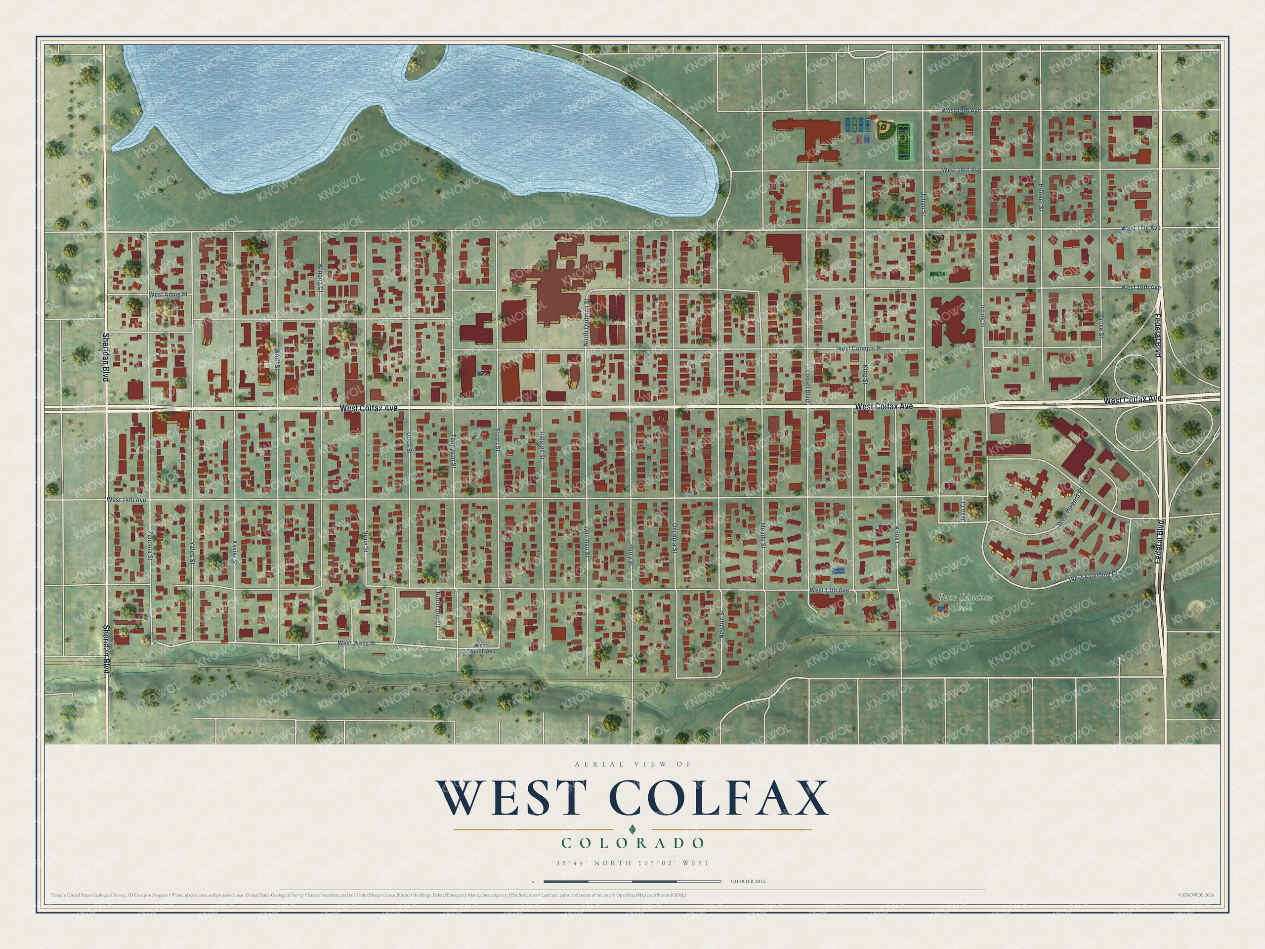 Full map of West Colfax, Colorado, with red buildings, printed street names and the land around them