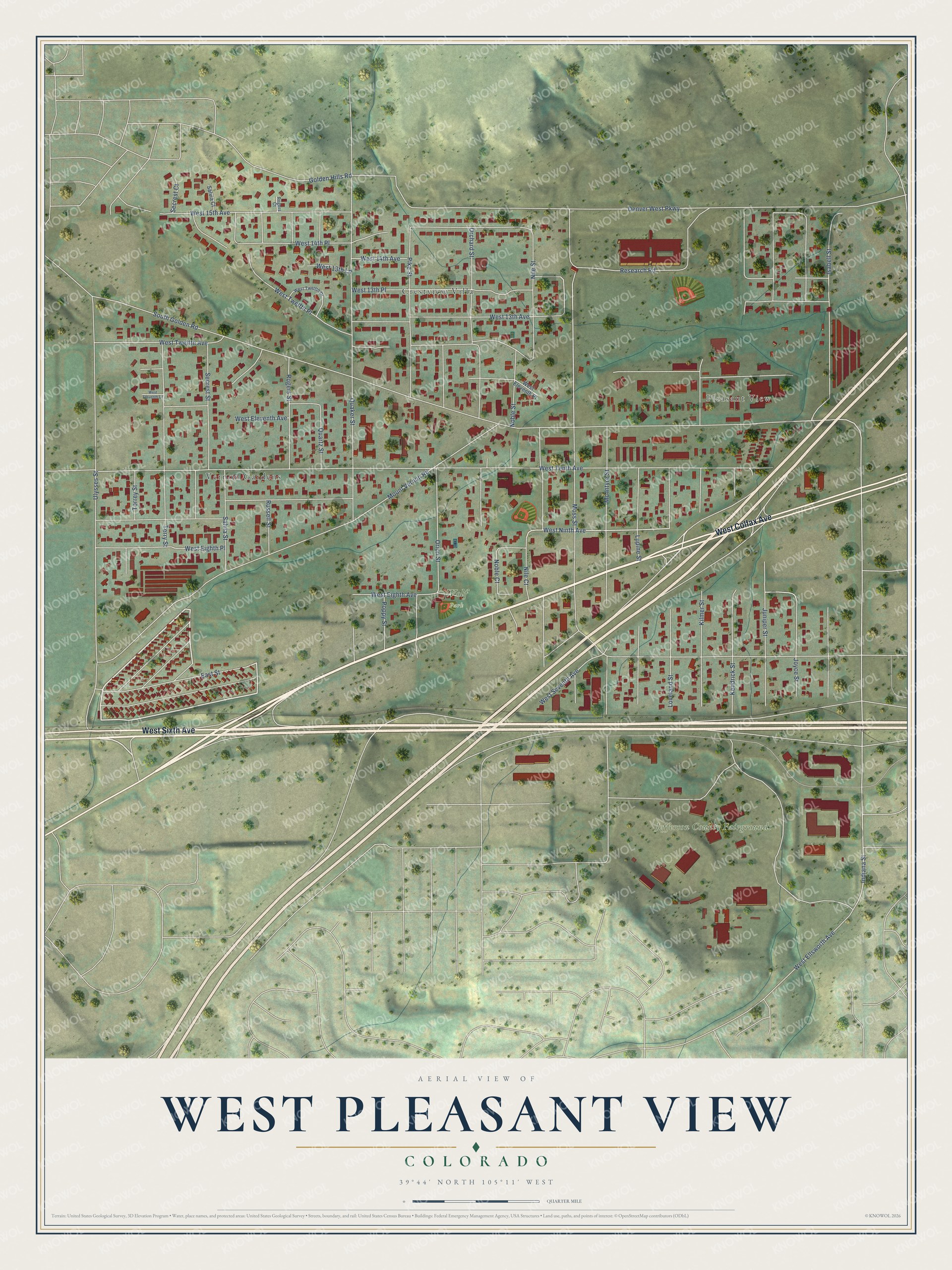 Full map of West Pleasant View, Colorado, with red buildings, printed street names and the land around them