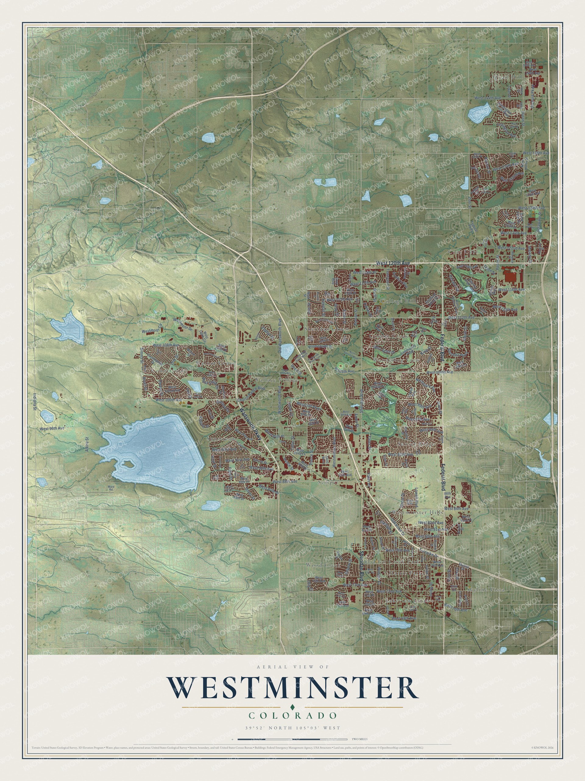 Full map of Westminster, Colorado, with red buildings, printed street names and the land around them
