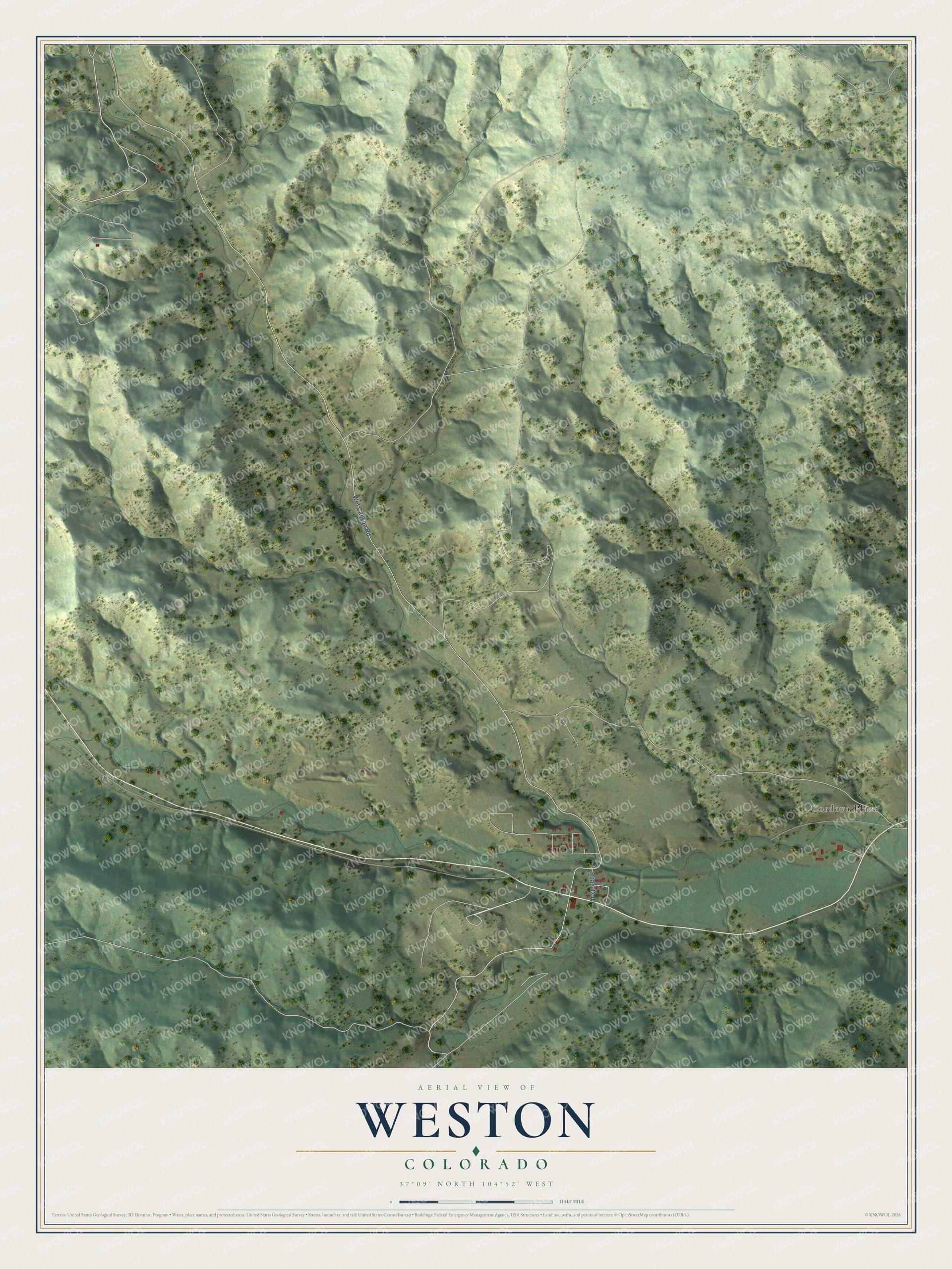 Full map of Weston, Colorado, with red buildings, printed street names and the land around them
