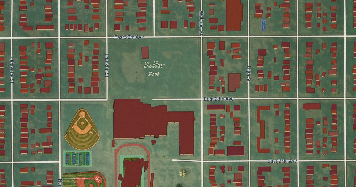 Close-up of streets and buildings in Whittier, Colorado