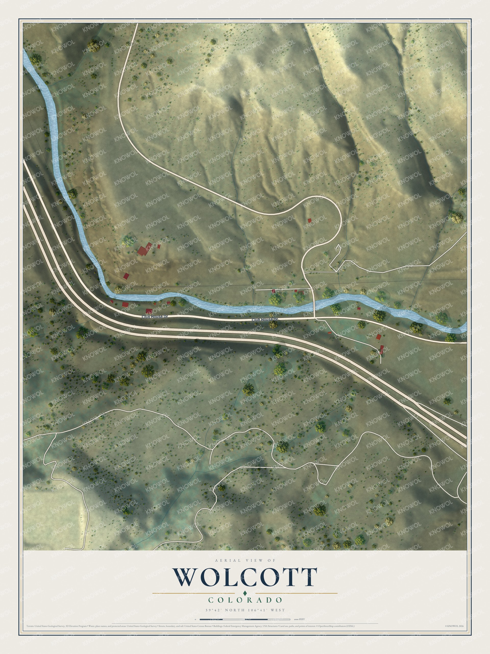 Full map of Wolcott, Colorado, with red buildings, printed street names and the land around them