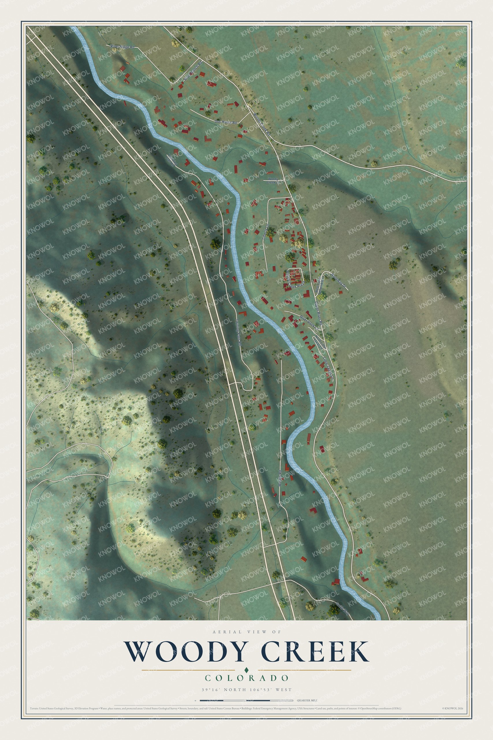 Full map of Woody Creek, Colorado, with red buildings, printed street names and the land around them