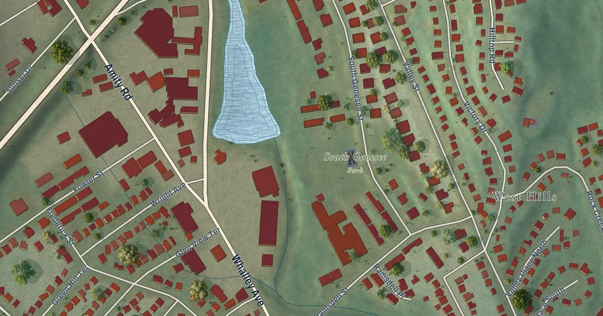 Close-up of streets and buildings in Amity, Connecticut