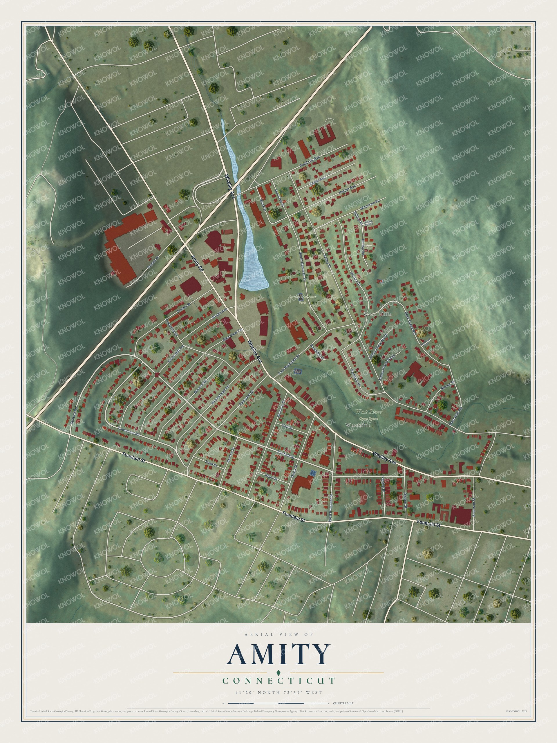 Full map of Amity, Connecticut, with red buildings, printed street names and the land around them