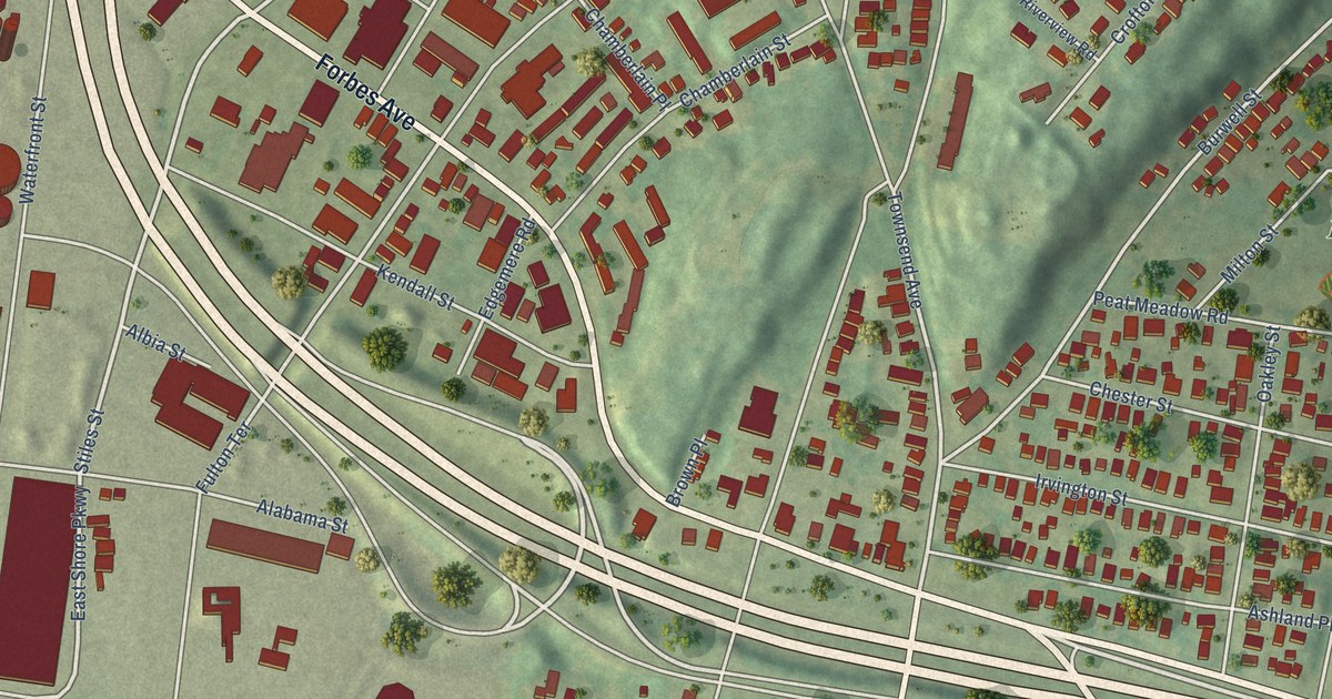 Close-up of streets and buildings in Annex, Connecticut