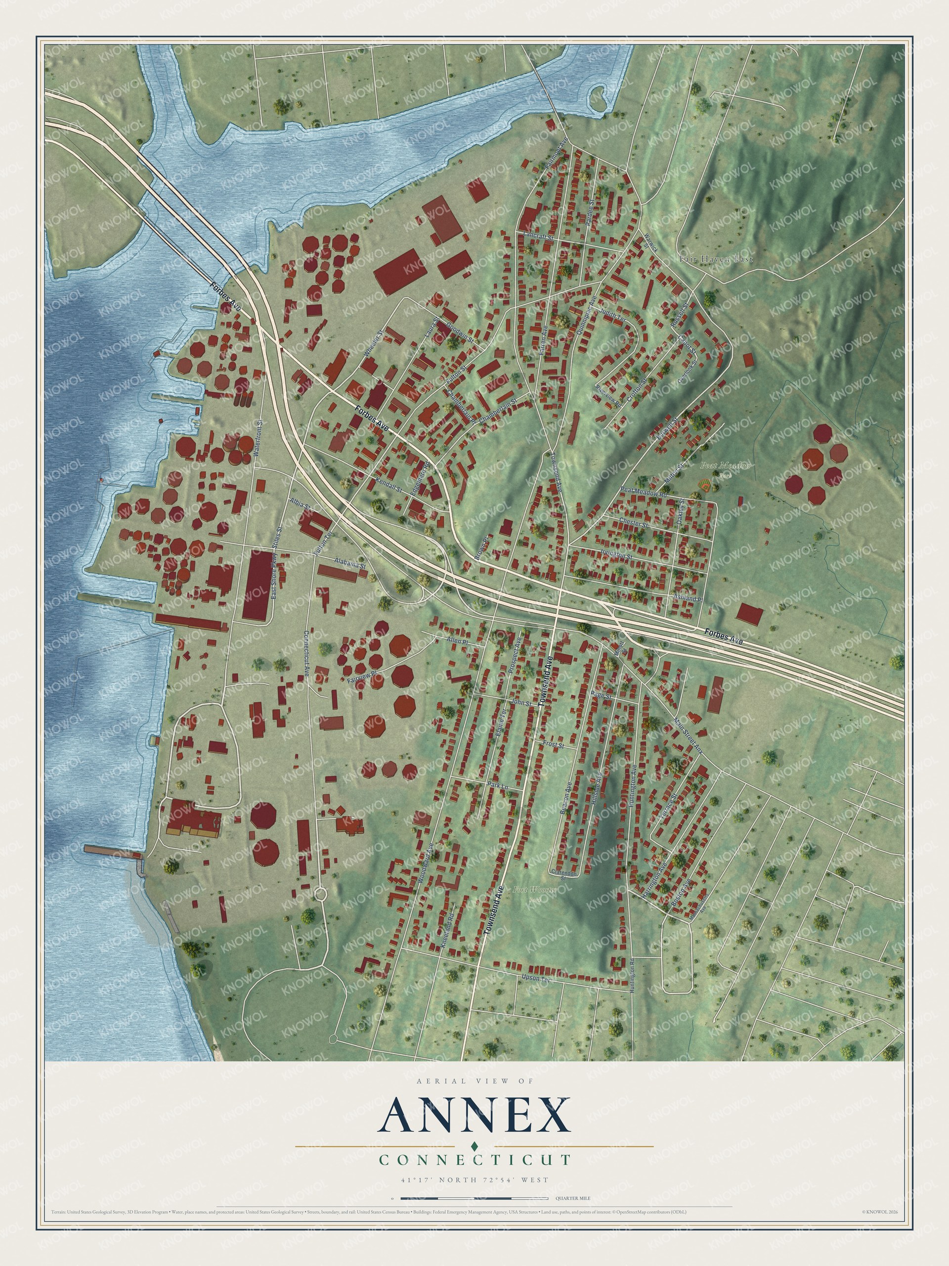 Full map of Annex, Connecticut, with red buildings, printed street names and the land around them