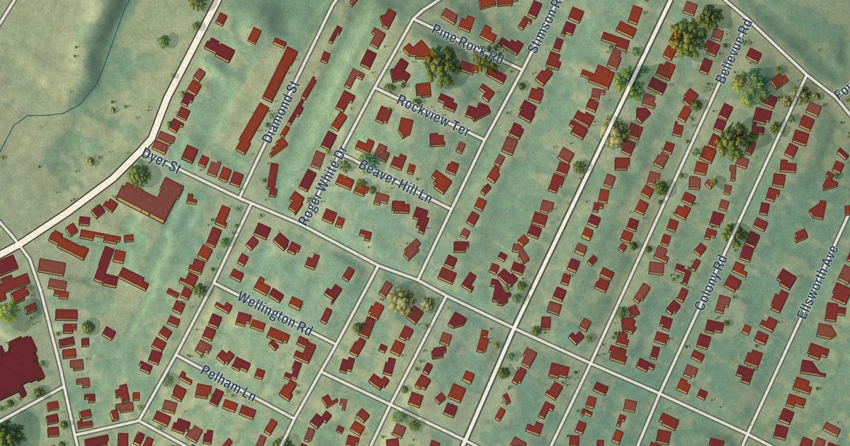 Close-up of streets and buildings in Beaver Hills, Connecticut