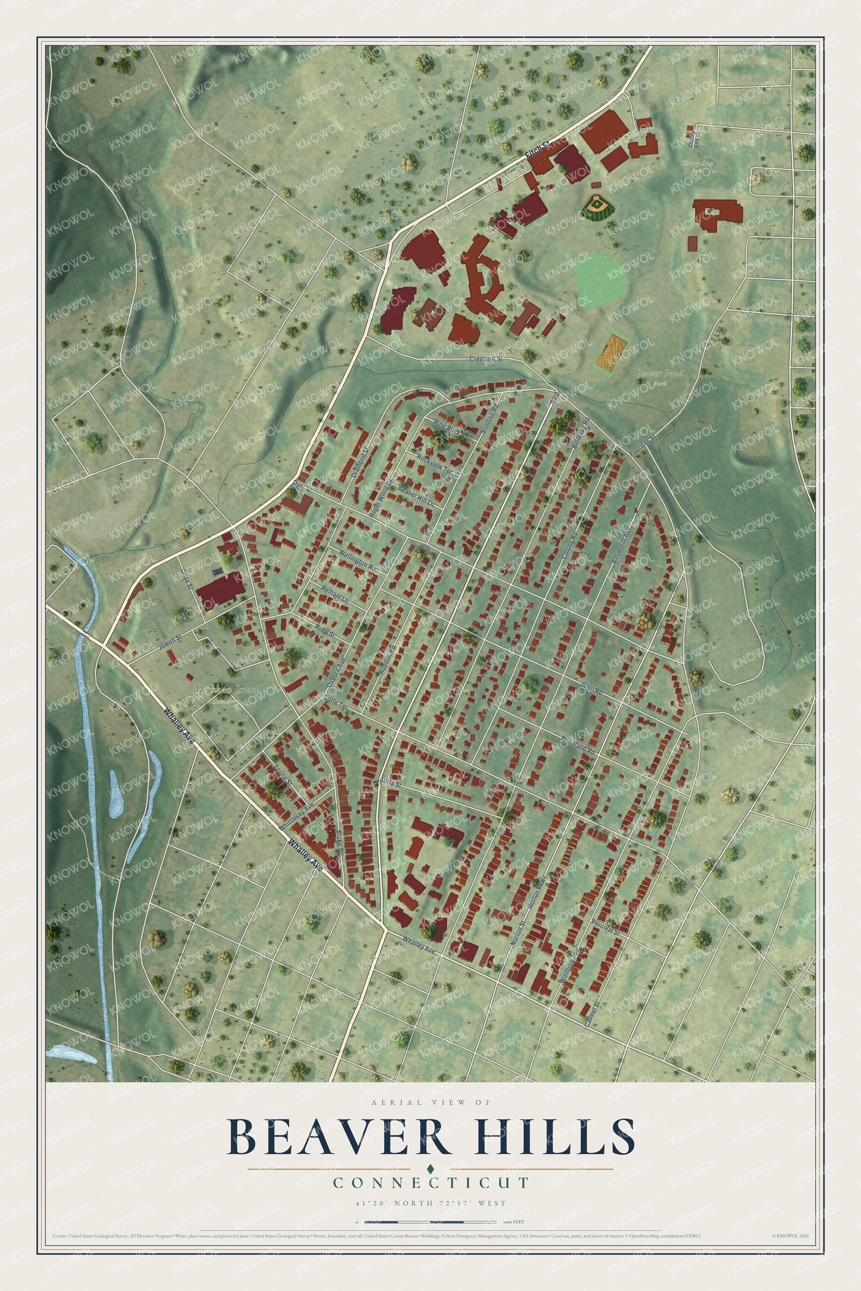 Full map of Beaver Hills, Connecticut, with red buildings, printed street names and the land around them