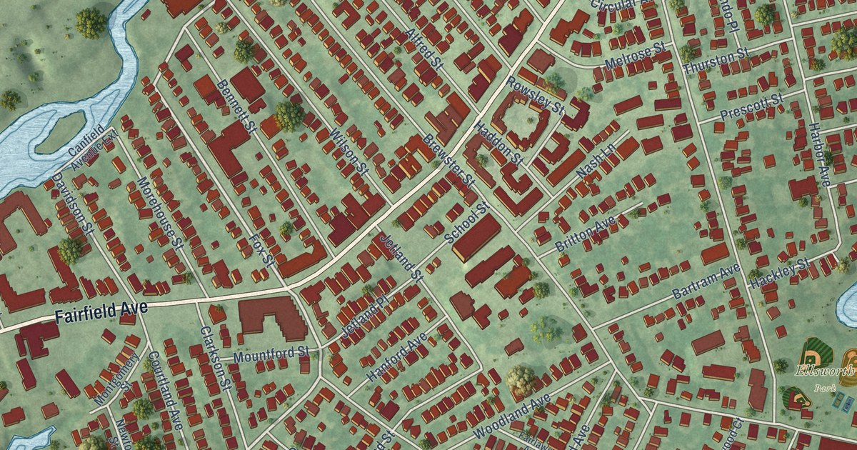 Close-up of streets and buildings in Black Rock, Connecticut
