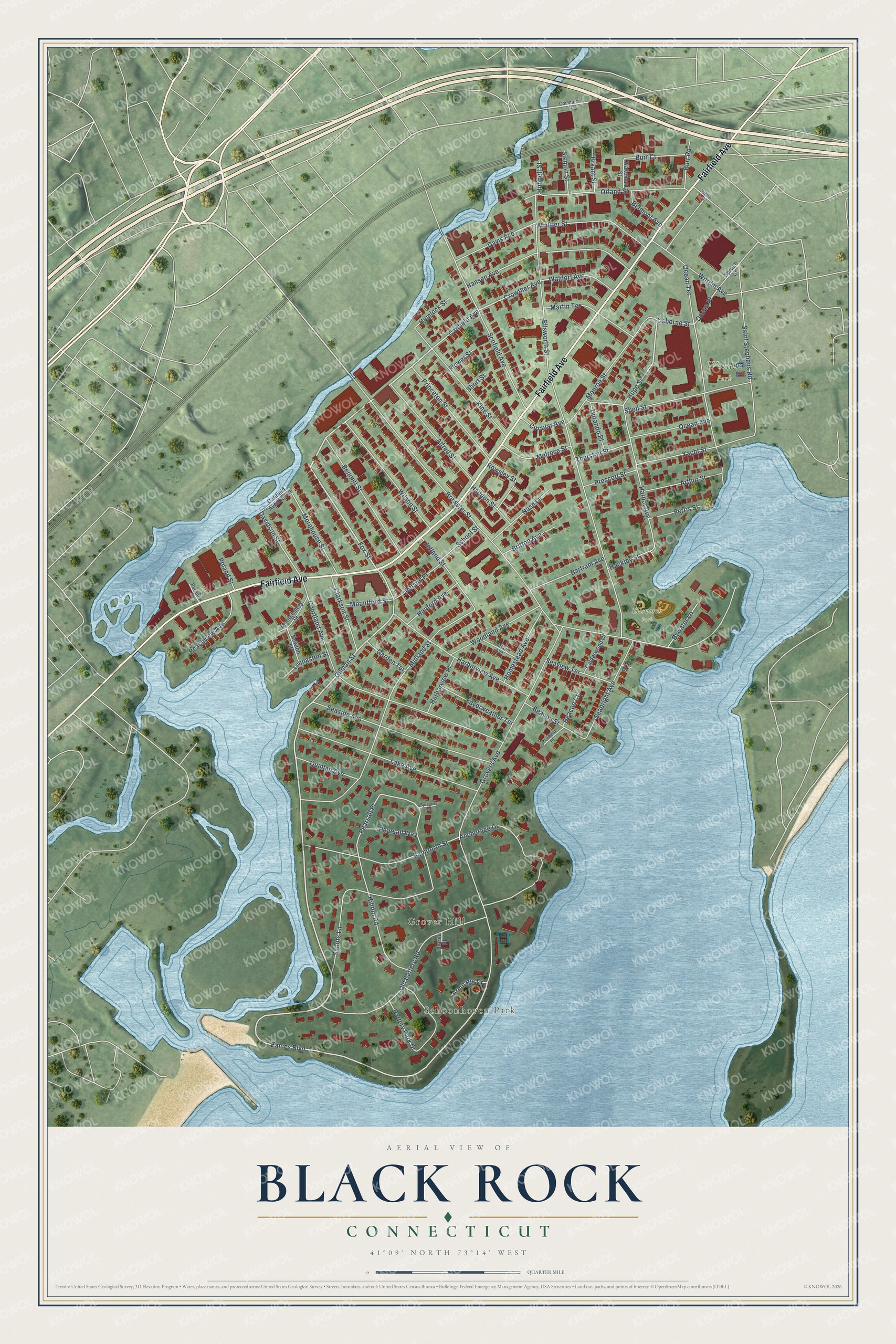 Full map of Black Rock, Connecticut, with red buildings, printed street names and the land around them