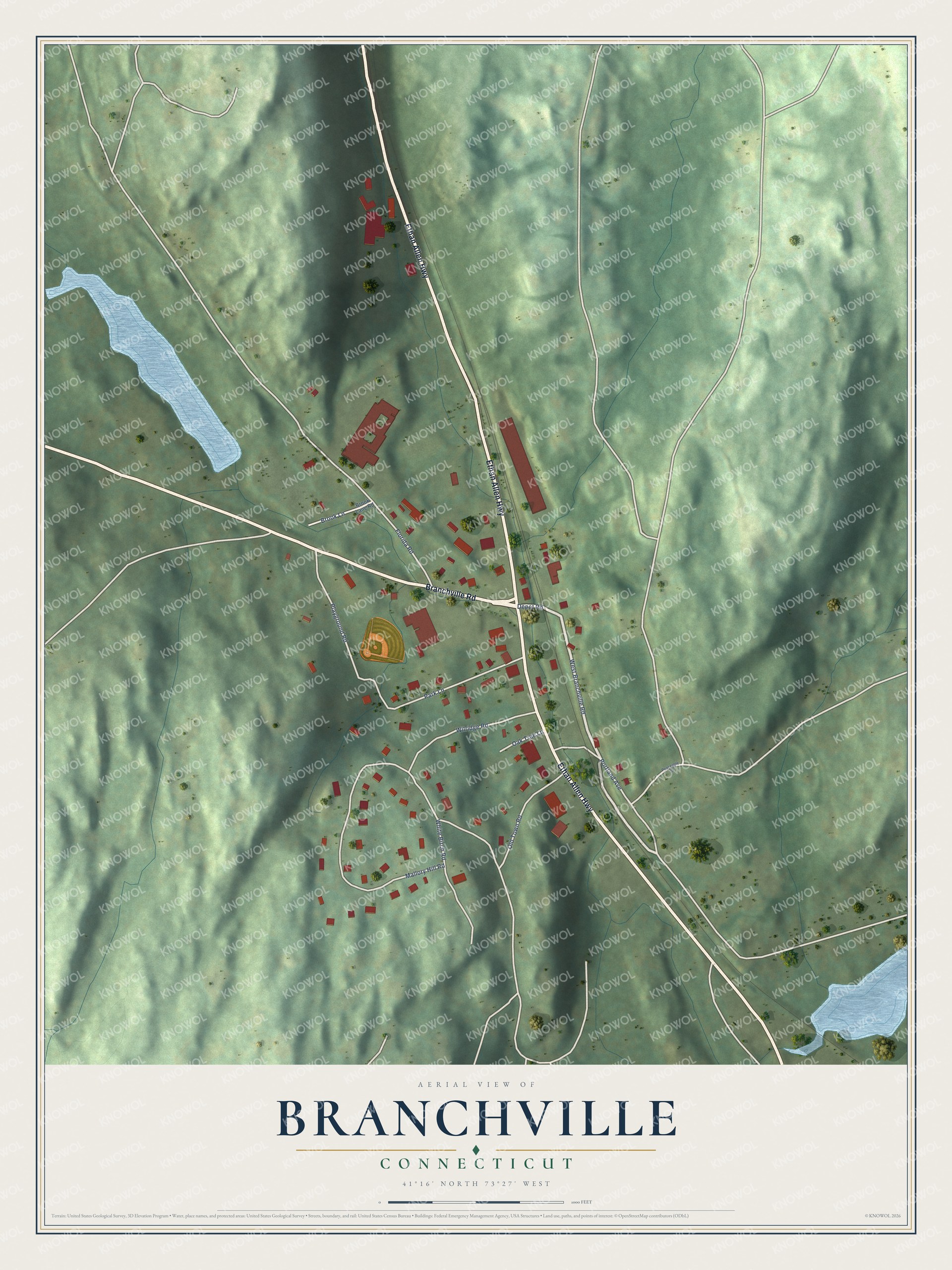 Full map of Branchville, Connecticut, with red buildings, printed street names and the land around them