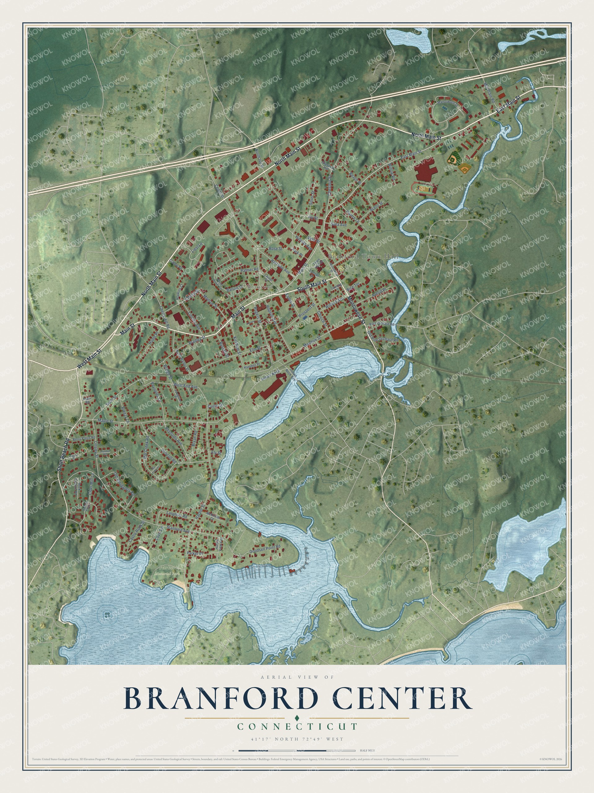 Full map of Branford Center, Connecticut, with red buildings, printed street names and the land around them