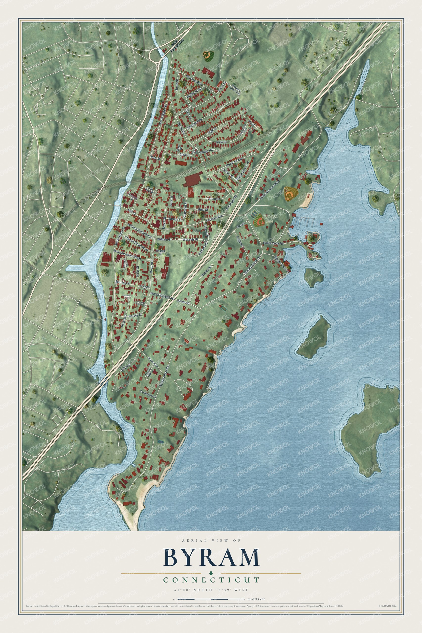 Full map of Byram, Connecticut, with red buildings, printed street names and the land around them