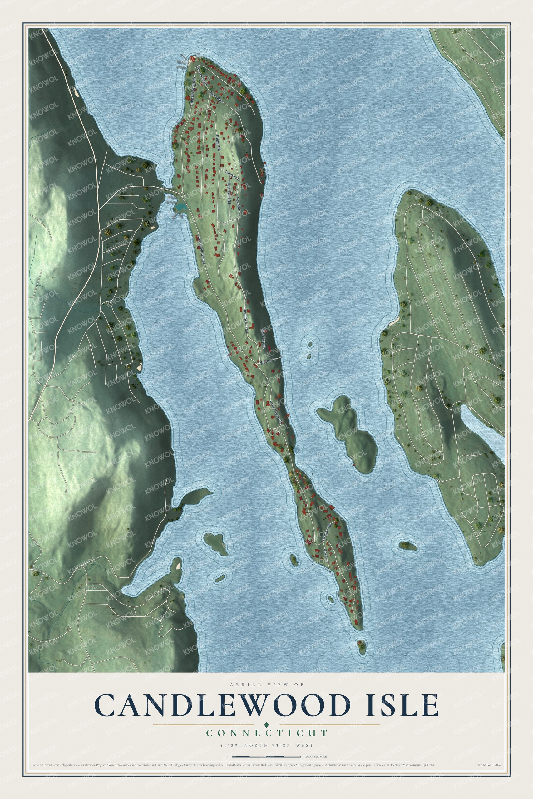 Full map of Candlewood Isle, Connecticut, with red buildings, printed street names and the land around them