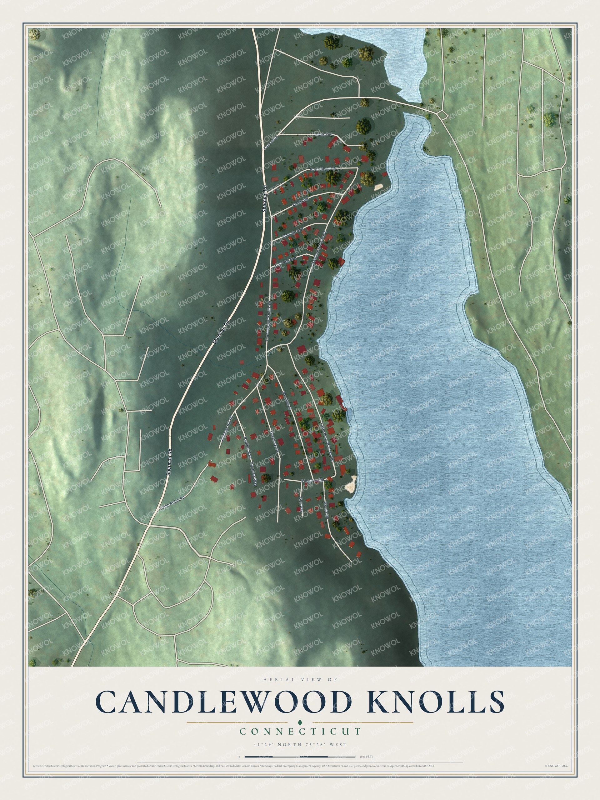 Full map of Candlewood Knolls, Connecticut, with red buildings, printed street names and the land around them