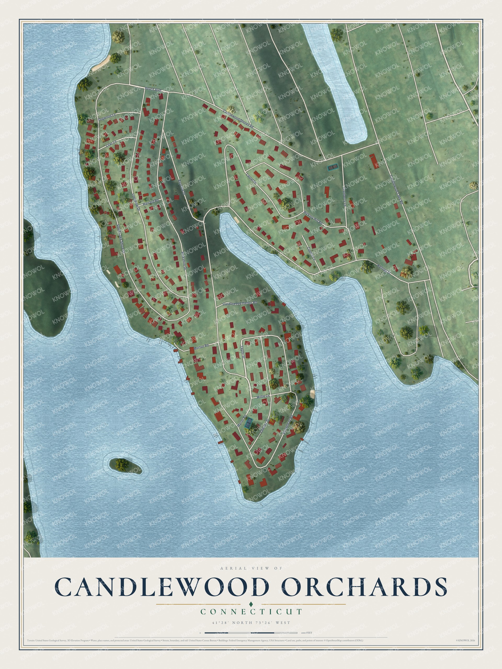 Full map of Candlewood Orchards, Connecticut, with red buildings, printed street names and the land around them
