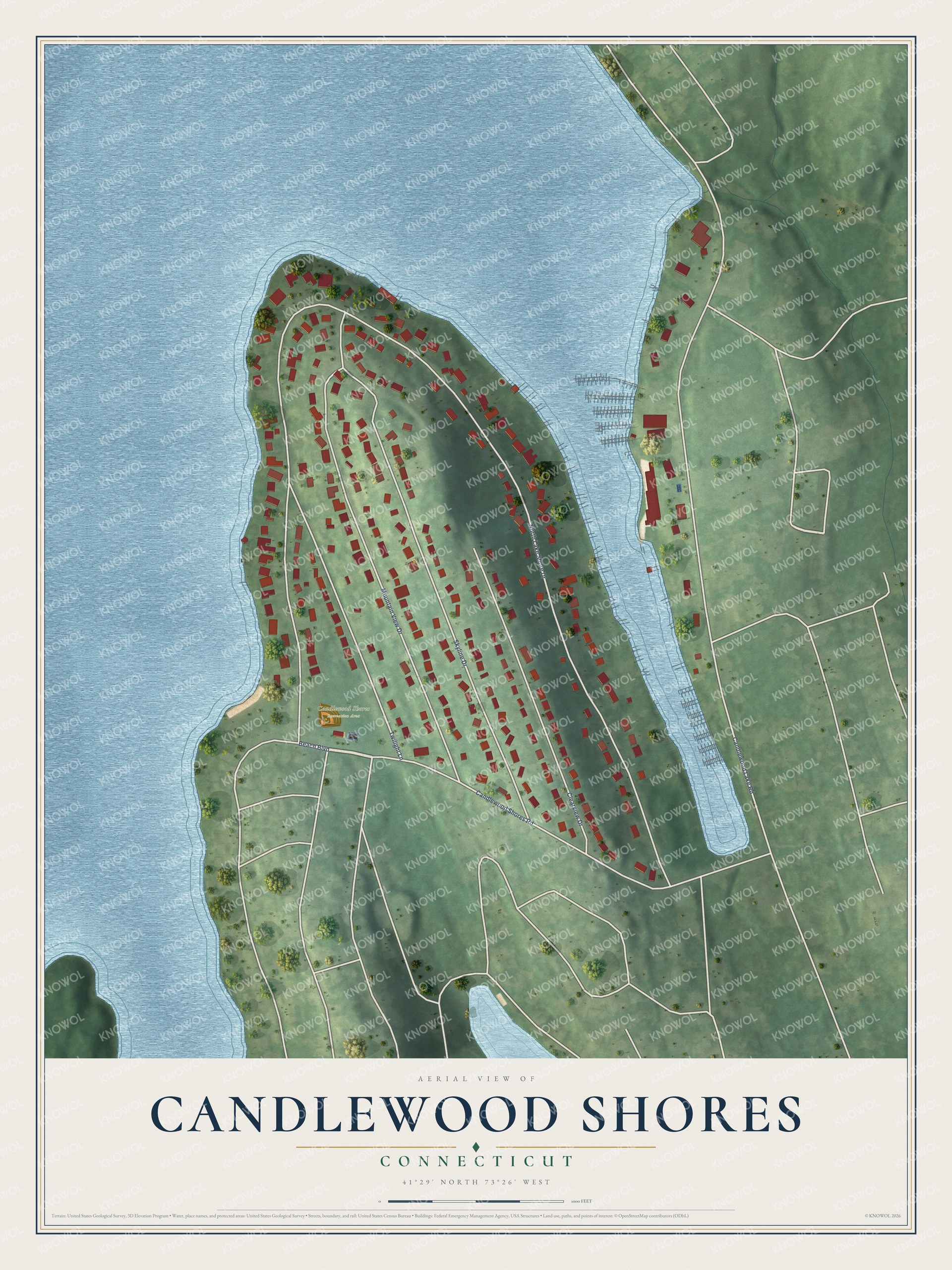 Full map of Candlewood Shores, Connecticut, with red buildings, printed street names and the land around them