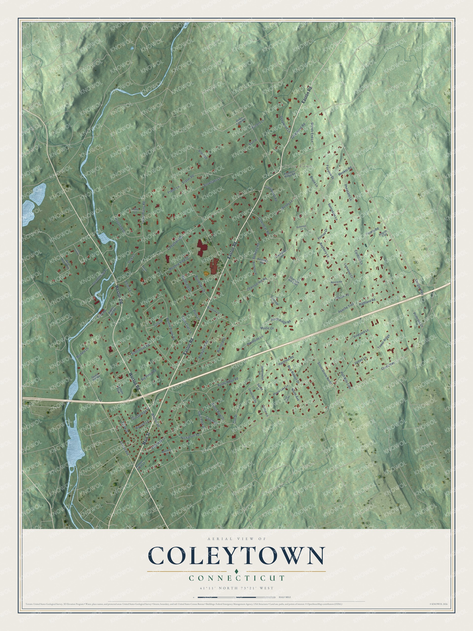 Full map of Coleytown, Connecticut, with red buildings, printed street names and the land around them